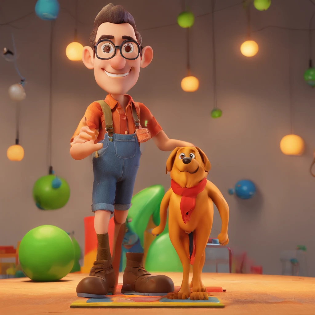 Criar um personagem no estilo Pixar. Trata-se de um homem de 30 anos, com barba,  eyeglass, pardo, com cabelos castanhos curtos e, e olhos castanhos. Ele deve estar na frente de um computador, Trabalhar como designer