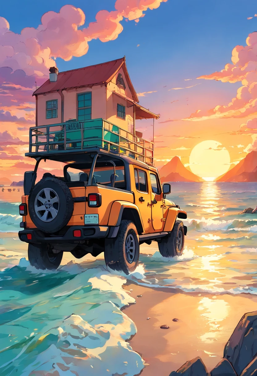 sticker design, Jeep Gladiator Gravity,  Sunset background, palmeiras, 5 layers of color, Beach by the sea,