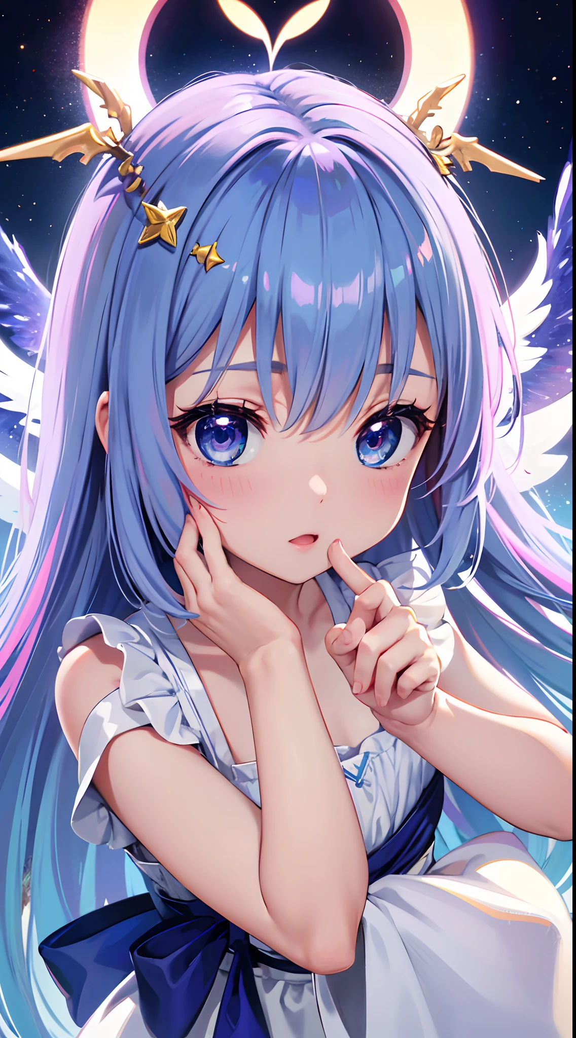 Blue hair, braided ponytail, magenta eyes, fair skin,1 girl,very detailed beautiful face and eyes,Ahegao,cute eyes,white dress,heart sign,looking up,high quality,