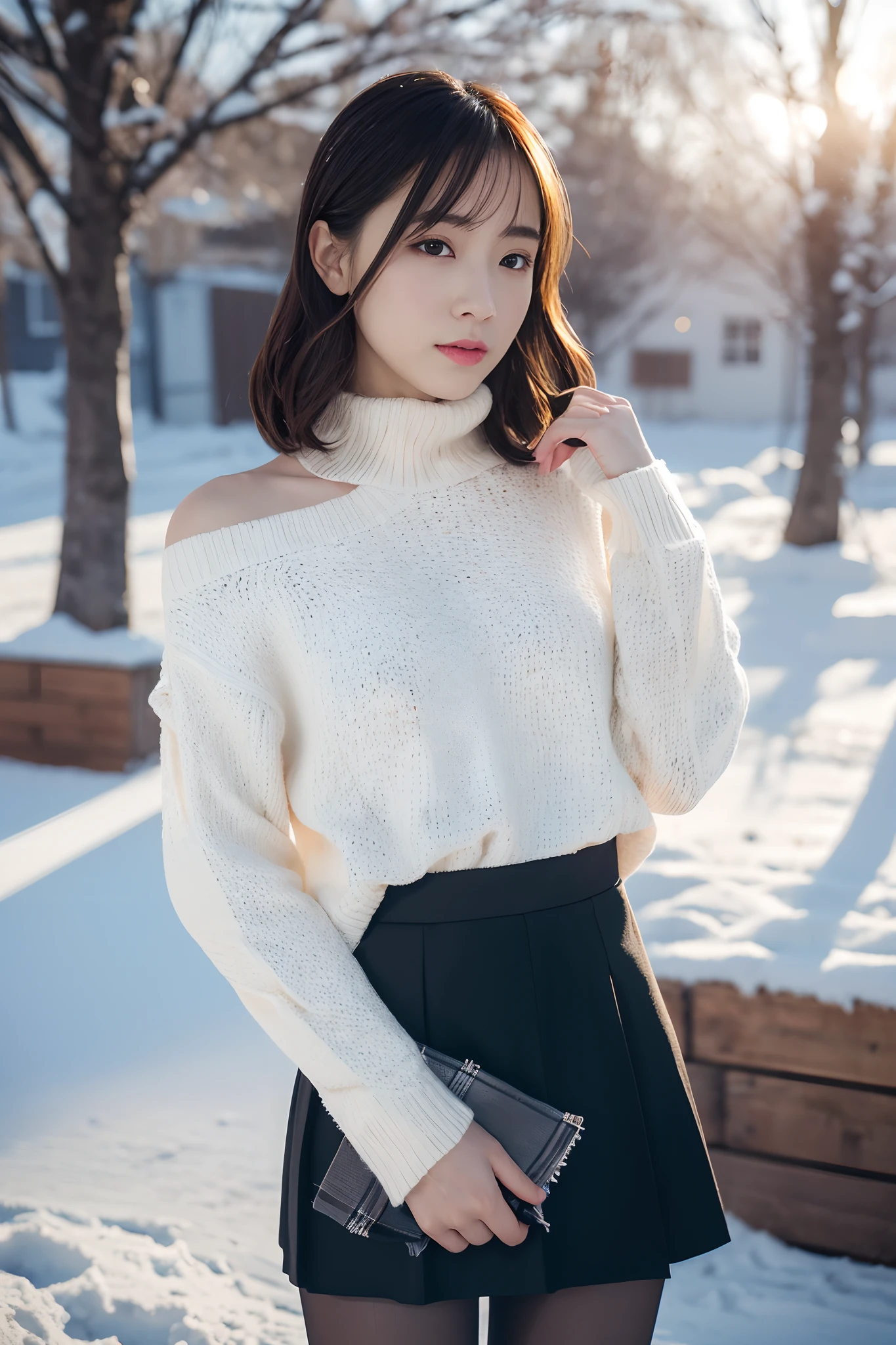 (RAW photo) Winters,Snowy scene,Pretty girl shoulder-length sweater,Wearing a short black skirt,Pantyhose under the skirt, White underwear, Random color,long sweater,depth of fields,Real light,Ray traching,OC renderer,UE5 renderer,Hyper-realistic,best qualtiy,8K,Works of masters,super-fine,Detailed pubic hair,Correct anatomy. Snow background。 Proud