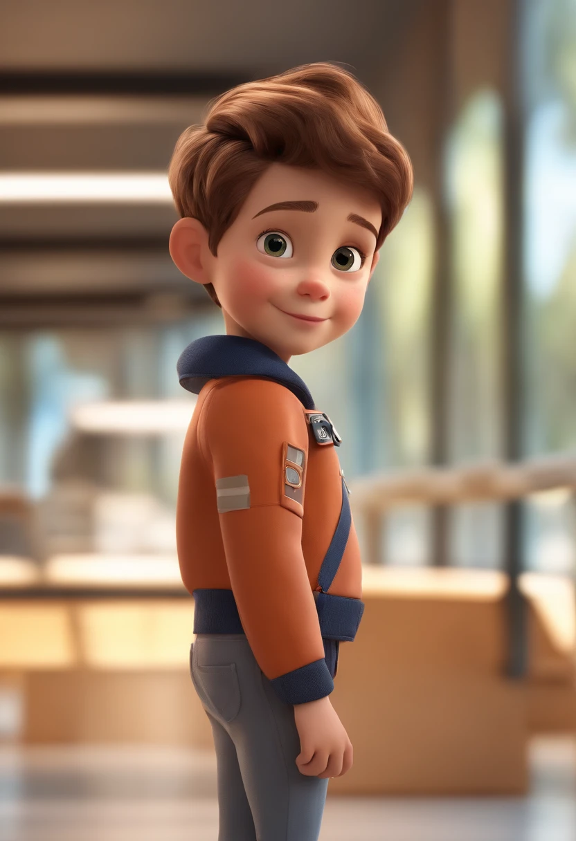 a happy cute kid standing short hair, vestindo uma fantasia espacial, , fundo branco, barnet, Tom, Estilo Pixar, ....3d, desenhos animados, rosto detalhado, asymmetrical 16k