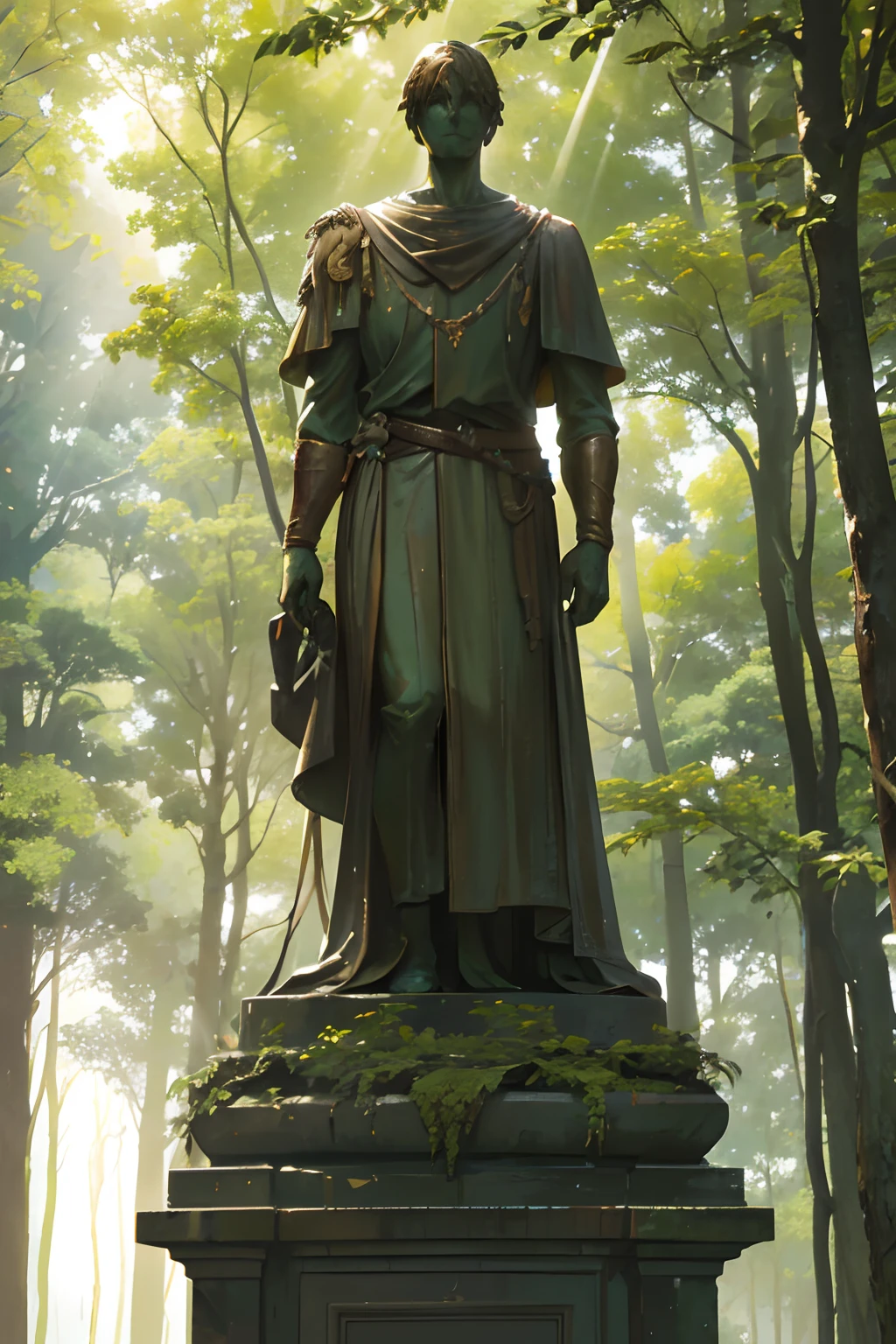 Create an illustration of the weathered bronze statue of a hero standing amidst a forest. The soft sunlight filters through the trees, casting gentle rays on the statue, accentuating its weathered features. The surrounding greenery adds to the enchanting, nostalgic atmosphere, capturing the hero's enduring legacy in the heart of nature.