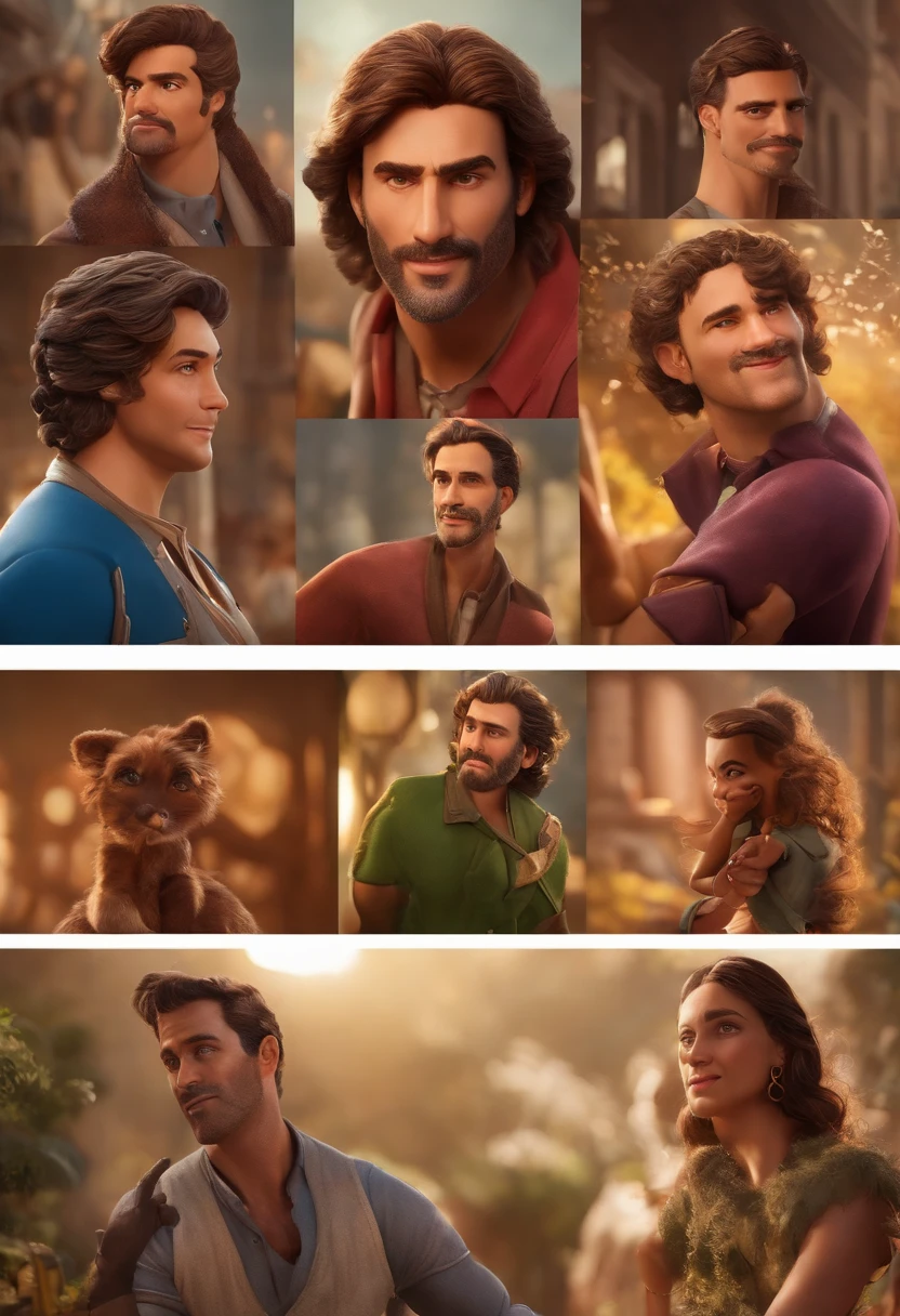 um homem magro  de cabelos longos e barba, character Icaro Carvalho, character Caio Santos, personagem David Rios Ferreira, imagem do avatar, personagem Andrea Rocha, personagem Edu Souza, com idade em torno de 35 anos, Estilo dos desenhos animados da Pixar, cores vibrantes, Playful lighting, (best quality, 4k, Altas, master part:1.2), ultra-detalhado, Realistic:1.37, pinceladas finas, vivid expressions, dinamic poses, fundo vibrante, magical ambiance, detalhes extravagantes, Playful storytelling, Lively and energetic characters, olhos expressivos, cabelos fluidos com detalhes intrincados.