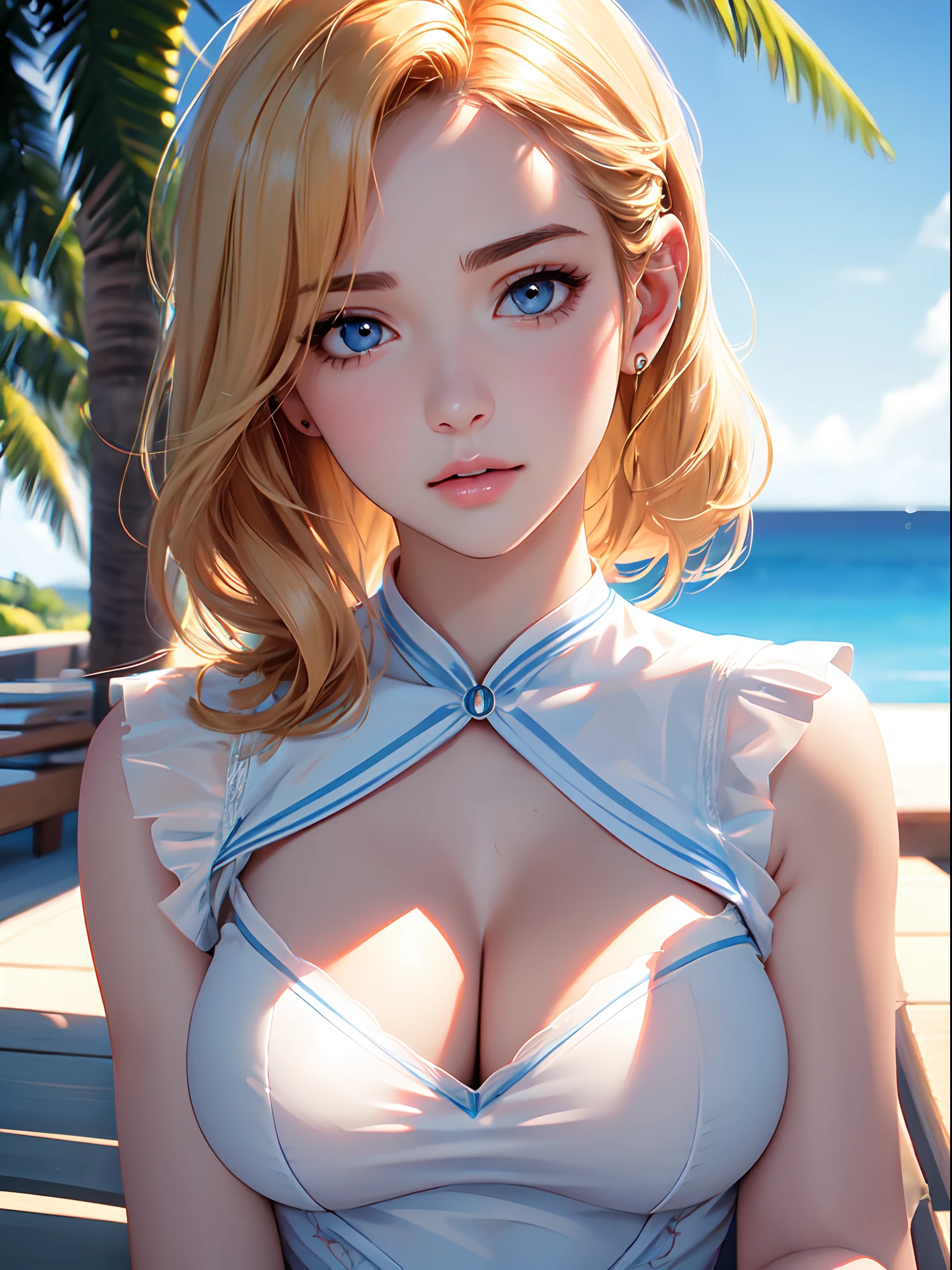 masterpiece, best quality, high quality, High definition, High quality texture, High quality shadow, high detail, beautiful detailed, finely detailed, extremely detailed cg, detailed texture, a realistic representation of the face, realistic, colorful, delicate, Cinematic Light, sidelighting, Lens Flare, Ray tracing, sharp focus, (intricate details, makeup, PureErosFace_V1:0.5), (detailed beautiful delicate face, detailed beautiful delicate eyes, a face of perfect proportion, high detailed skin, detailed skin, best ratio four finger and one thumb, close up of upper body,  (large breasts), (cleavage),  ((Smooth texture, Realistic texture, Photorealistic)),  (Detailed beautiful eyes, Beautiful eyelashes, emerald eyes), blonde medium hair, 1 woman,  at poolside,  ((( sheer white sailor shirt, Sleeveless, Open front))),   (Beautiful face, Cute face, Detailed face),   (((Sunny))), Perfect Eyes Eyes