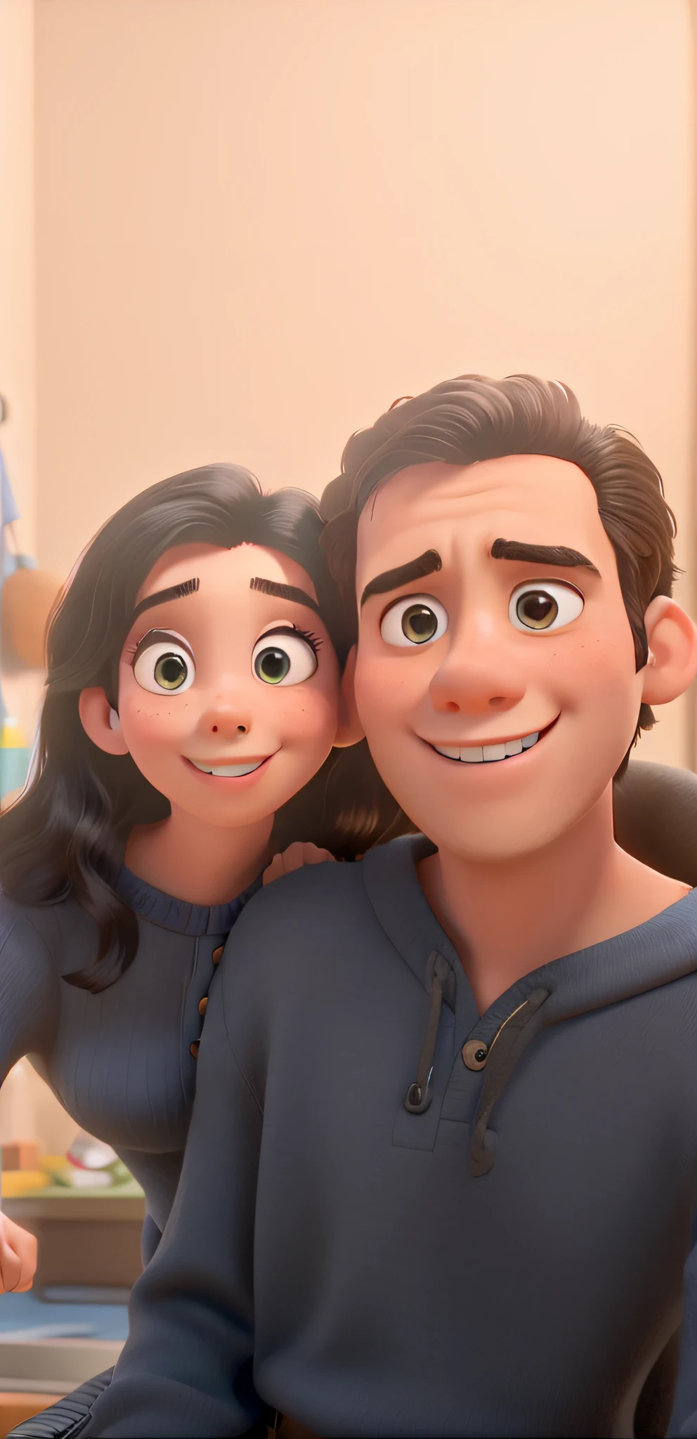 Obra-prima, de melhor qualidade, Pixar style with a young man with black hair and a young lady.