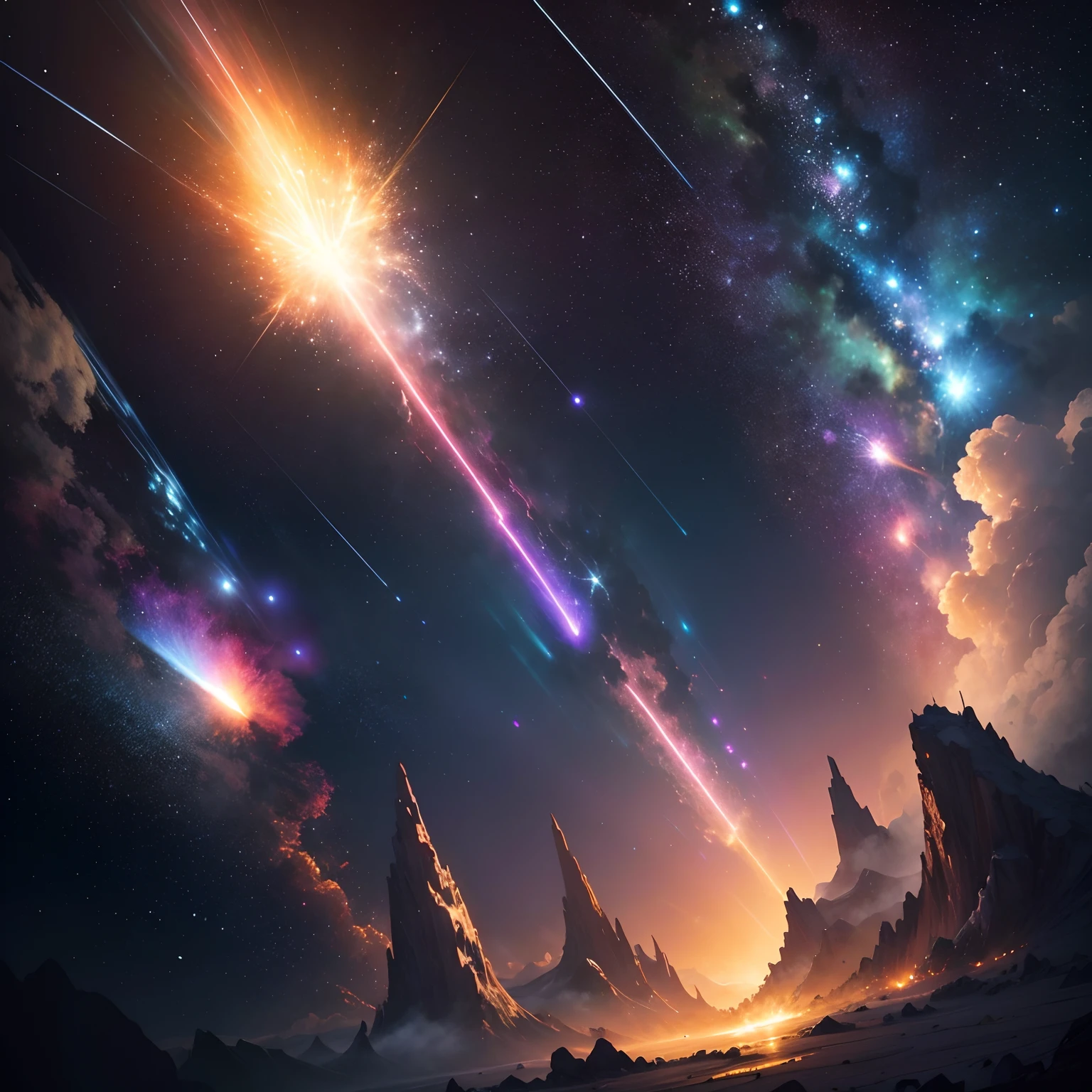 finest image, (8k, RAW photo, realistic), detailed and delicate depiction and flashy and dynamic painting method, Meteor showers seen from space are so beautiful, with a variety of colors. The beautiful earth is below her. A fantastic and mysterious sight.