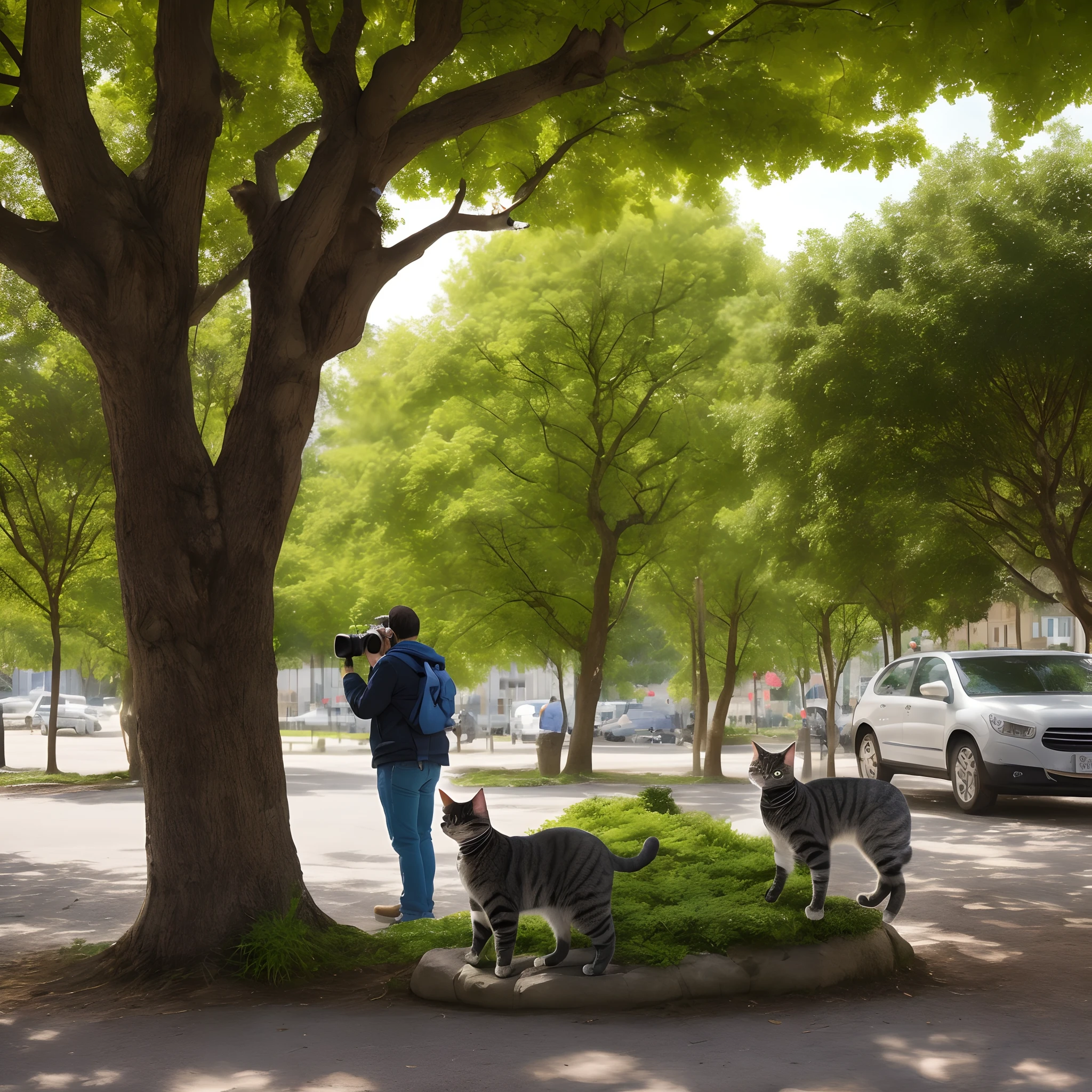Man photographing a cat in a square with many trees should with sun