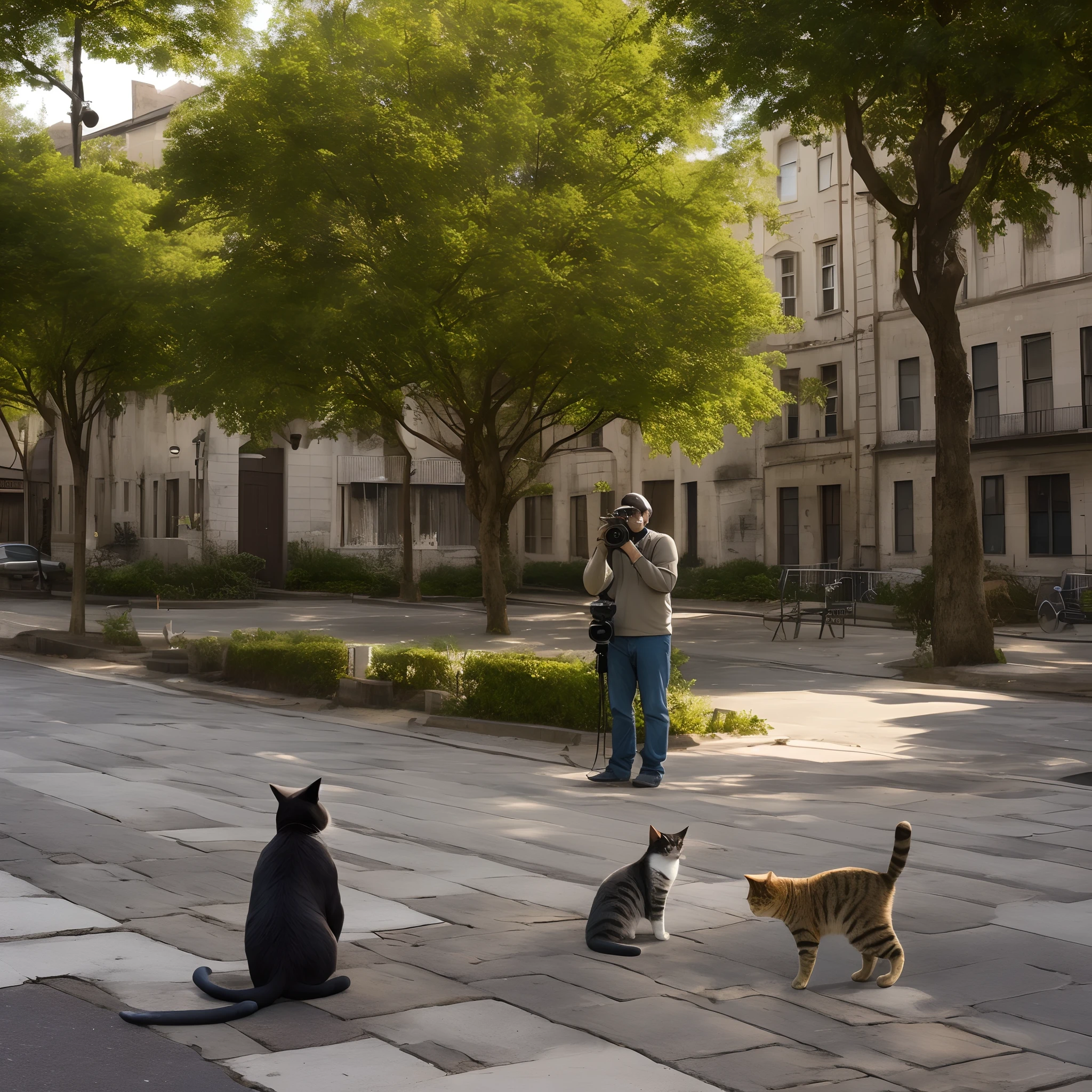 Man photographing a cat in a square with many trees should with sun