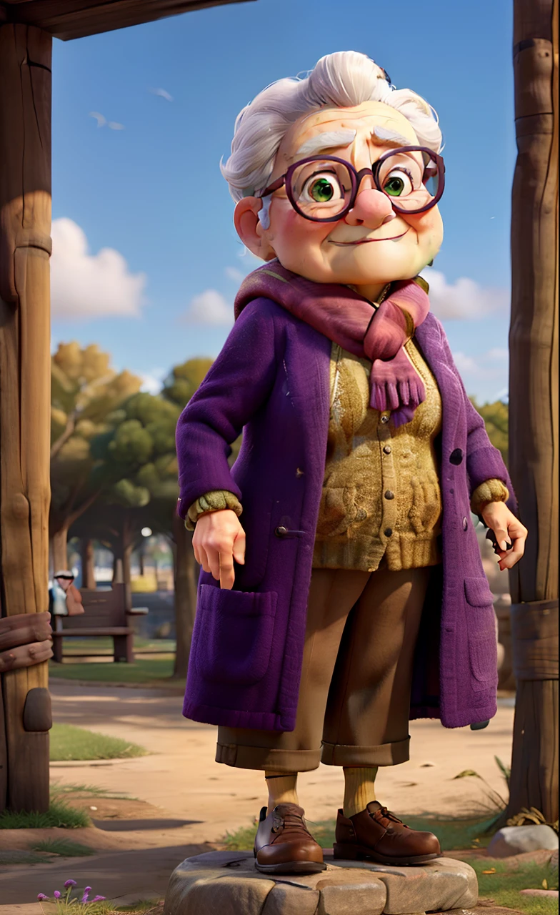 masterpiece, best quality, an old woman with glasses and a scarf on, wearing a purple coat and green scarf, standing at the park