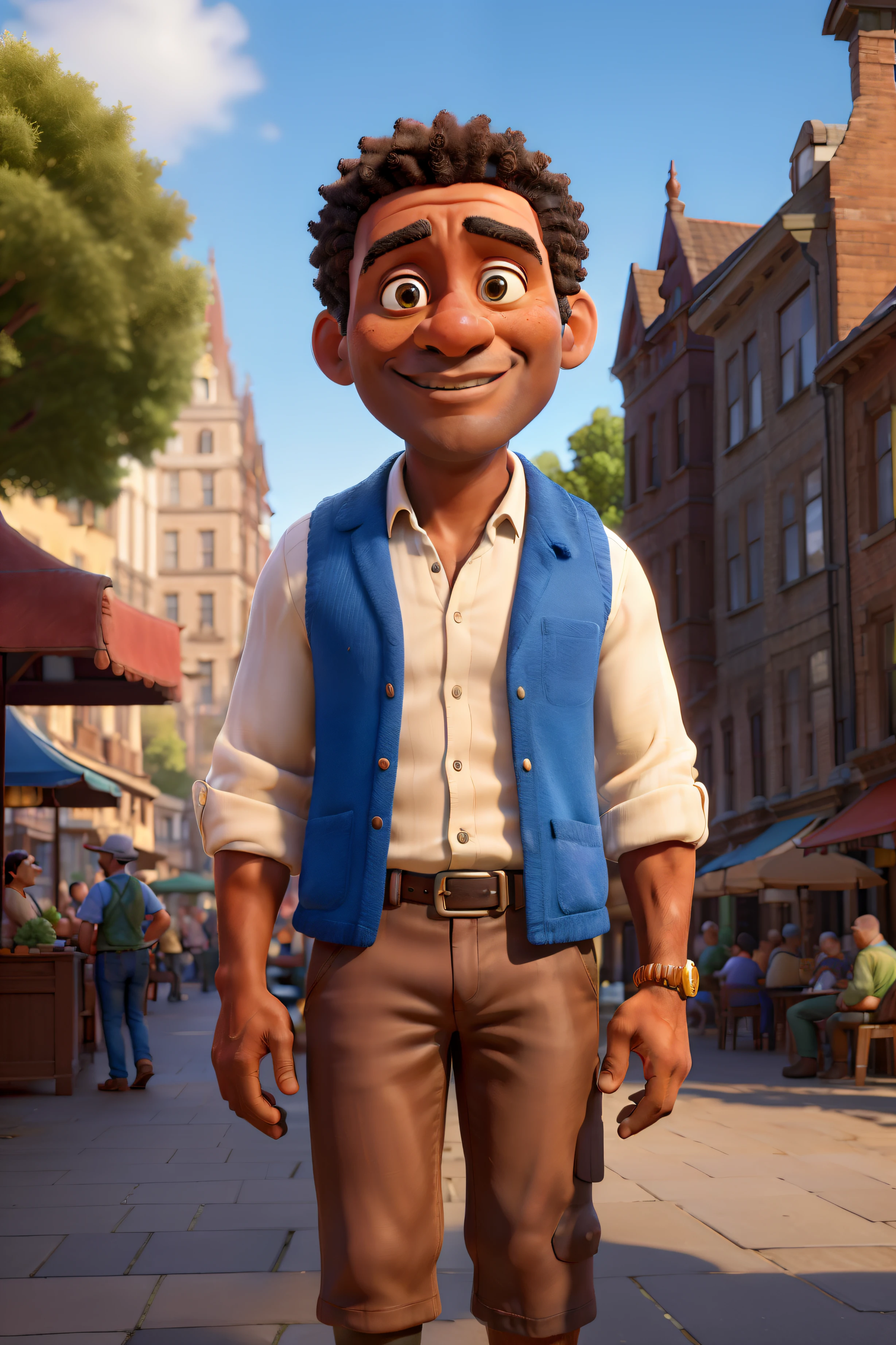 (masterpiece:1.2),high-resolution,ultra-detailed,realistic,portrait,afro-american middle-aged man,bald,blue vest,in a square,heritage buildings,vibrant atmosphere,cobblestone streets,people enjoying outdoor activities,lively ambiance,abundance of flowers,colorful storefronts,architectural elegance,historical charm,beautiful light and shadow play,red brick facades,ornate lampposts,old wooden benches,street performers,impressive sculptures,relaxing atmosphere,sunlit plaza,bustling market stalls,lovely outdoor cafes,happy conversations,fleeting smiles,peaceful setting.