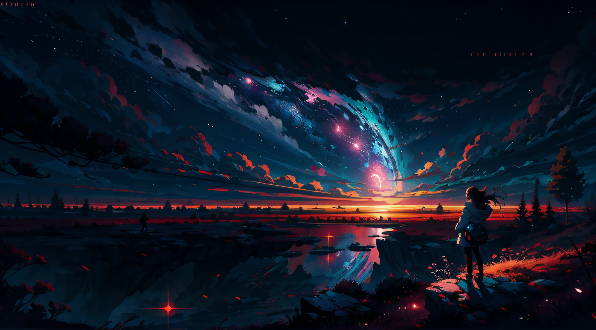 Anime girl standing on a rock looking at a sky full of stars, Makoto Shinkai Cirilo Rolando, Anime Art Wallpaper 4K, Anime Art Wallpaper 4K, Anime Art Wallpaper 8K, cosmic skies. por makoto shinkai, inspirado em Cyril Rolando, No estilo Dan Mumford obra de arte, paper awesome wallpaper, por Yuumei