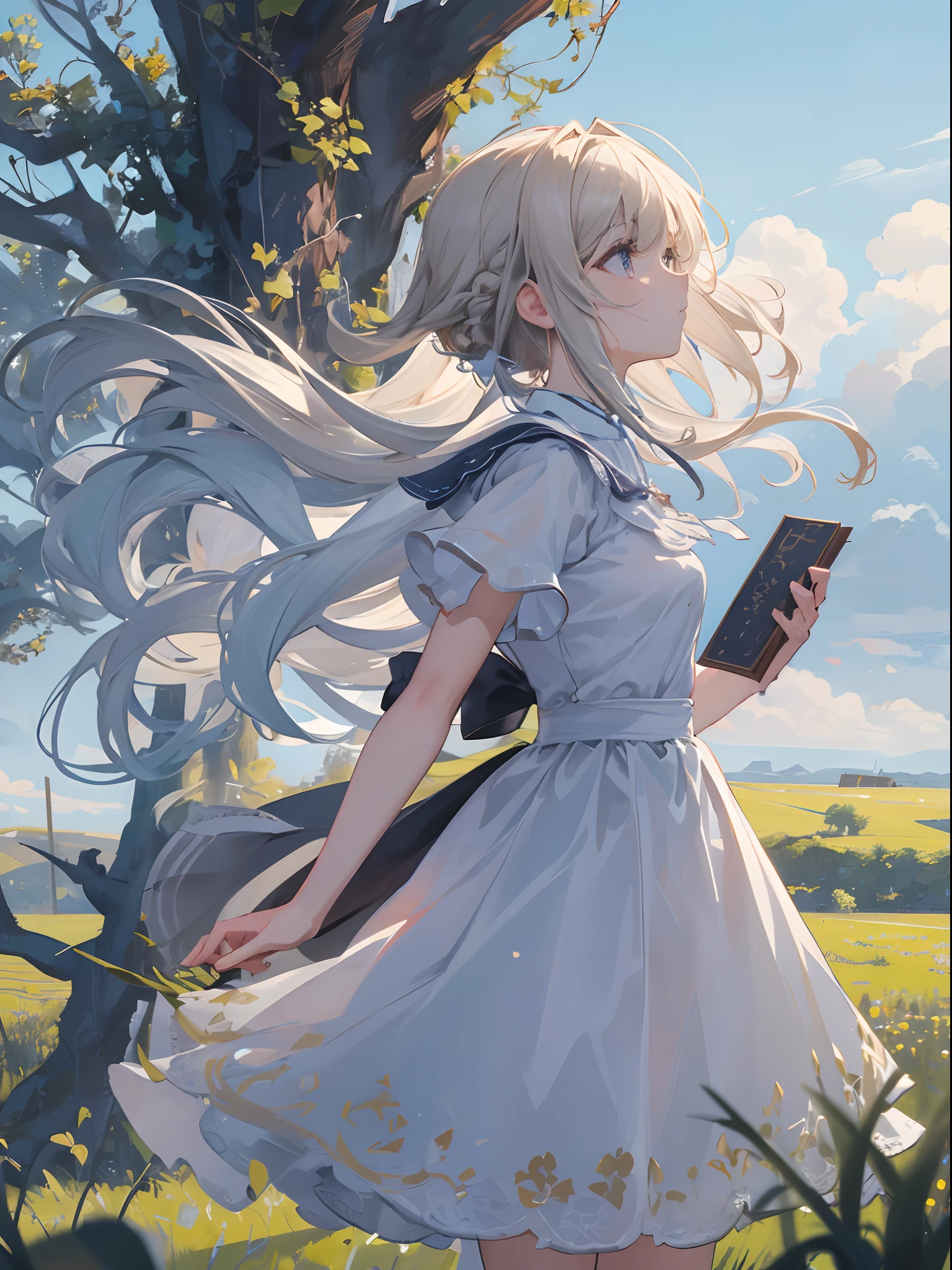 Girl, from side, winded, beautiful, award winning, ((masterpiece)), best detail, intricate, 4k, beautiful view, cowboy shot, side view, field, Dutch angle, wind blow, looking away