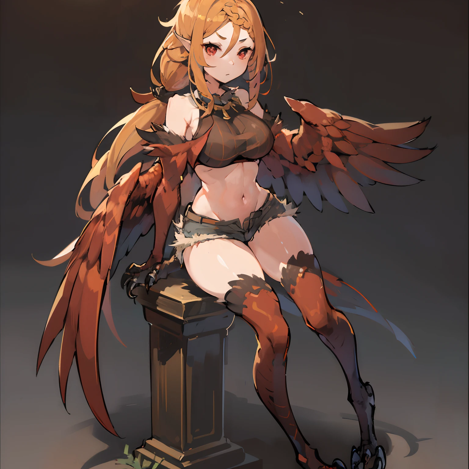 beautiful, masterpiece, best quality, extremely detailed face, perfect lighting, (harpy:1.0), (bird wings, bird legs:1.0), claws, bird tail, hmpris, long hair, braided bangs, low ponytail, 1girl, short shorts, crop top, large breasts, full body shot, red eyes