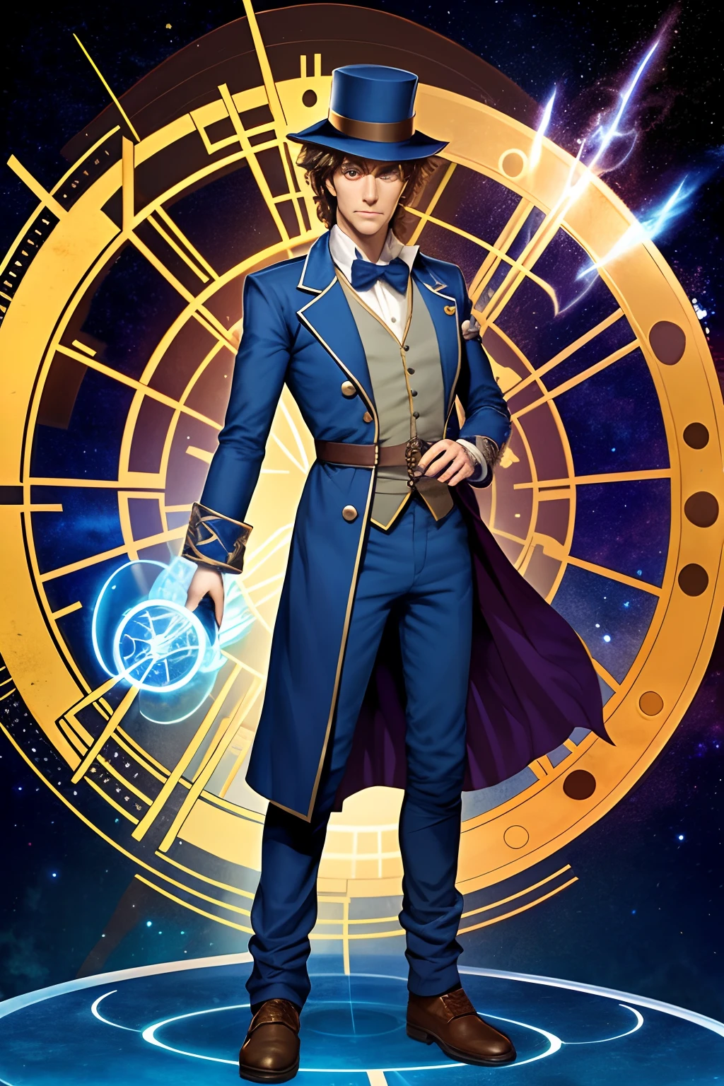 Full body, clockwork sorcerer that looks like doctor who, is a celestial being with a blue pouch on the hip. Full body time lord look.