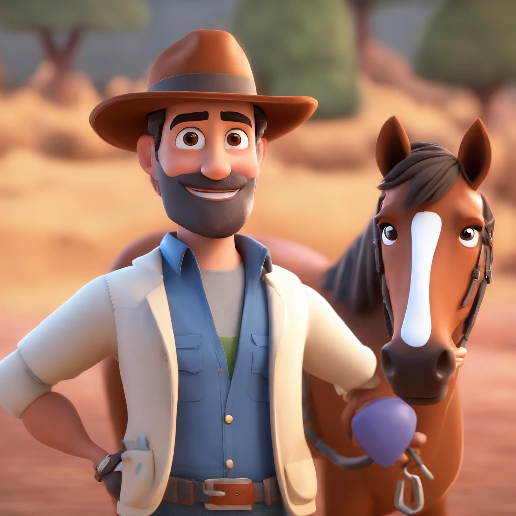 Criar um personagem no estilo Pixar. Trata-se de um homem de 30 anos, gordo, com barba, pardo, Next to a horse dressed as a veterinarian with short brown hair and brown eyes.