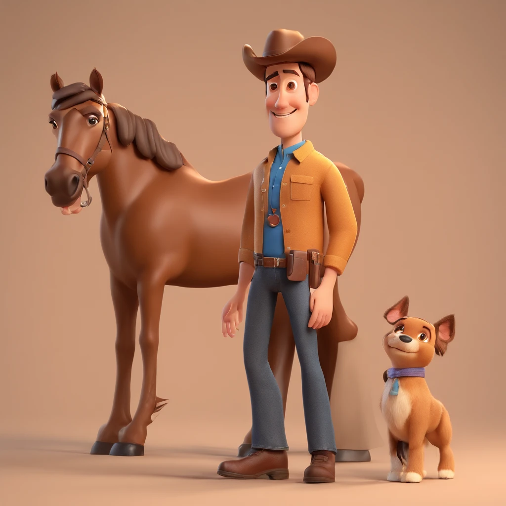 Criar um personagem no estilo Pixar. Trata-se de um homem de 30 anos, gordo, com barba, pardo, Next to a horse dressed as a veterinarian with short brown hair and brown eyes.