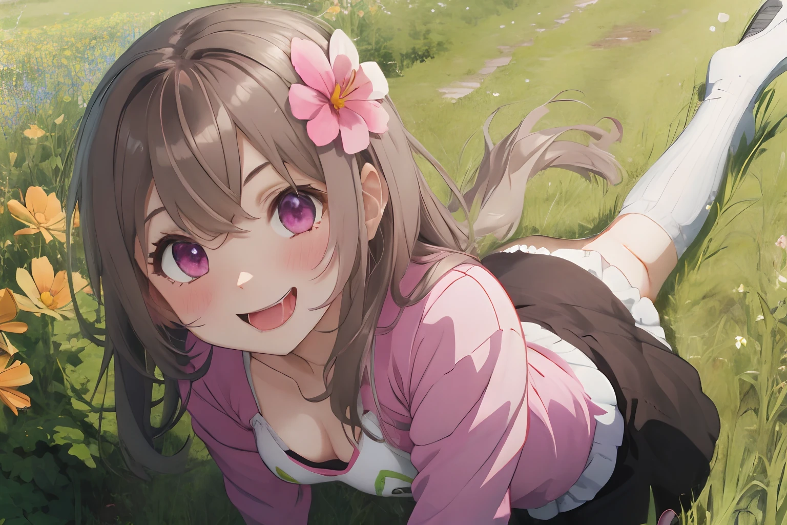 Green steppe,flower  field,cosmos,fluffy hair,Multiple people,A dark-haired,White and brown and light blue and pink,Autumn outfit,Bukabuka Long Sleeve Clothing,I'm glad to be able to jump with all my might,huge smile,I'm glad to drool,AHE Face,My face turns bright red with embarrassment,Chest is shaking,