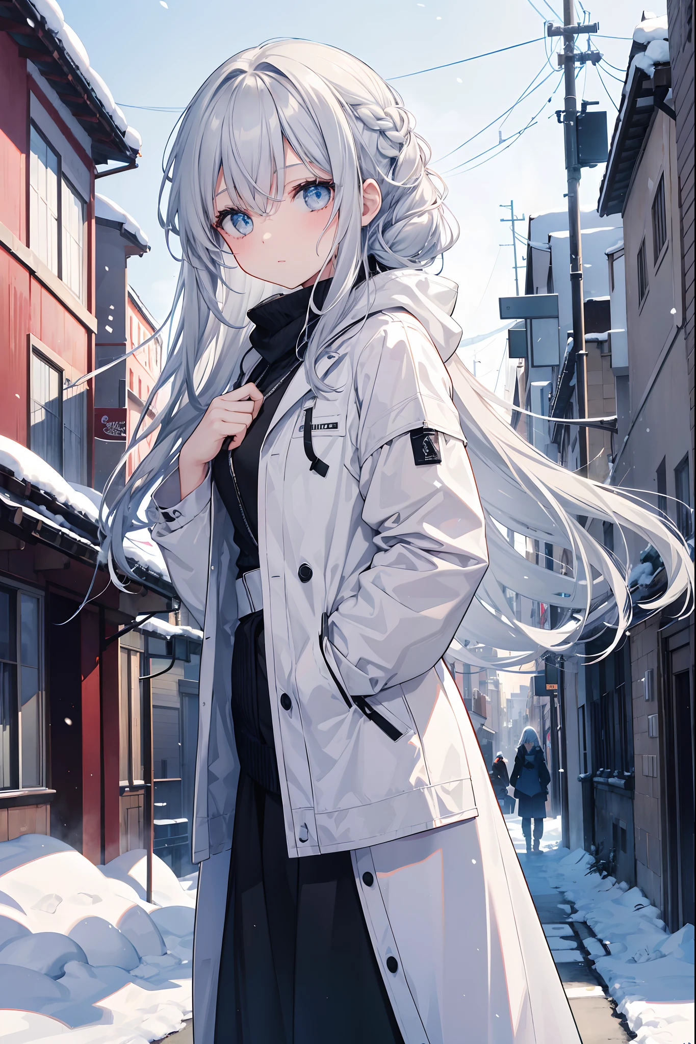 A girl with long gray hair was walking in the beautiful city of snowy country. The whiter her breath became, the colder it was. She decided to live in this city. The snow piled up on the roof of the house and the corresponding one looks fantastic, the girl with long gray hair and her eyes is blue and beautiful, and the slender looking girl attracted the eyes of people around her.