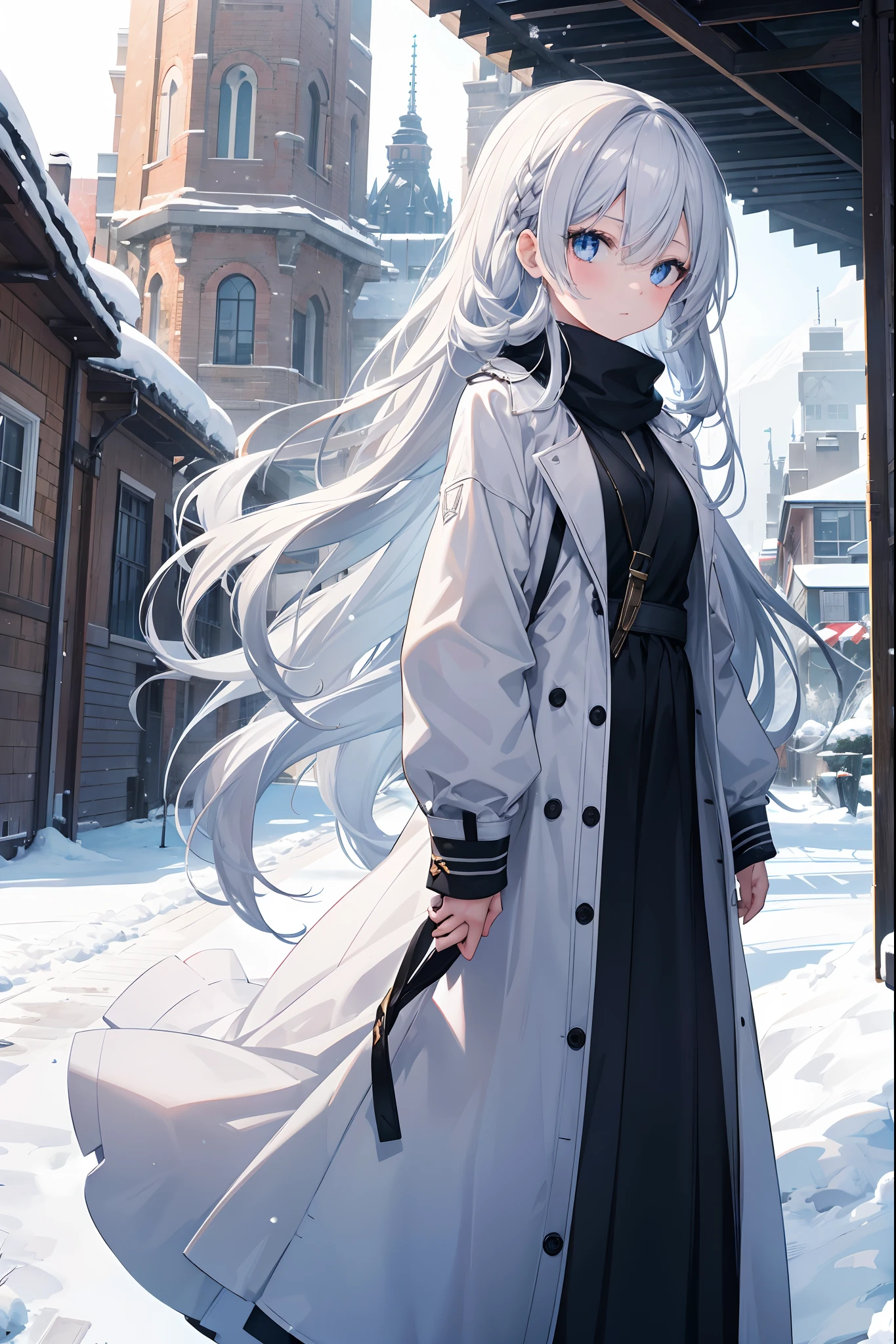 A girl with long gray hair was walking in the beautiful city of snowy country. The whiter her breath became, the colder it was. She decided to live in this city. The snow piled up on the roof of the house and the corresponding one looks fantastic, the girl with long gray hair and her eyes is blue and beautiful, and the slender looking girl attracted the eyes of people around her.