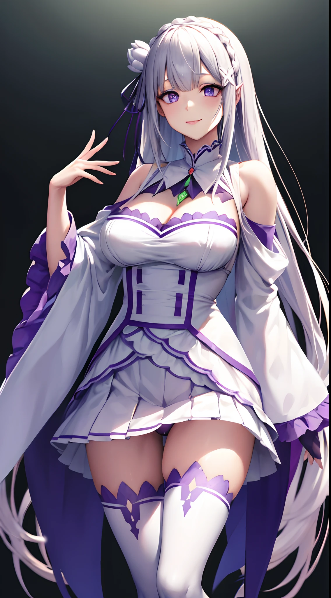 Lezero Emilia, Emilia, braid, Crown braid, flower, Hair Flower, Hair Ornament, Hair Ribbon, Long hair, pointy ear, (Purple eyes:1.2), White hair, X Hair Ornament,
Break Detach Color, Detached sleeves, frilly sleeves, frilld, Long sleeves, Miniskirt, Pleated skirt, bow ribbon, Skirt, thighs thighs thighs thighs, White skirt, White sleeves, white thighhig, Wide sleeves, zettai ryouiki,

 BREAK (masutepiece:1.2), Best Quality, High resolution, Unity 8k壁纸, (Illustration:0.8), (Beautiful detailed eyes:1.6), extra detailed face, Perfect Lighting, extremely details CG, (Perfect hands, Perfect Anatomy),is standing、Evil Fall, 1girl in, Solo, pubic tattoo,Lips、makeup、lip stick、eye line / Mascara Eyeshadow Evil Fall、Bad Woman、bad looking、Empty eyes、Psychopaths、Eyes pink、Grinning、Smile, lightsmile,Knives、low angles、leggy、Long legs、Muchimuchi、Transparent pupils、, ((Moderately large))fullbody image、high-heels、Accentuated legs、（Wearing high heels、white thighhig、white knee highs）、creepy, , worm, ,Tentacle, Flesh-colored,Muchimuchi、micromini skirt、Black panties