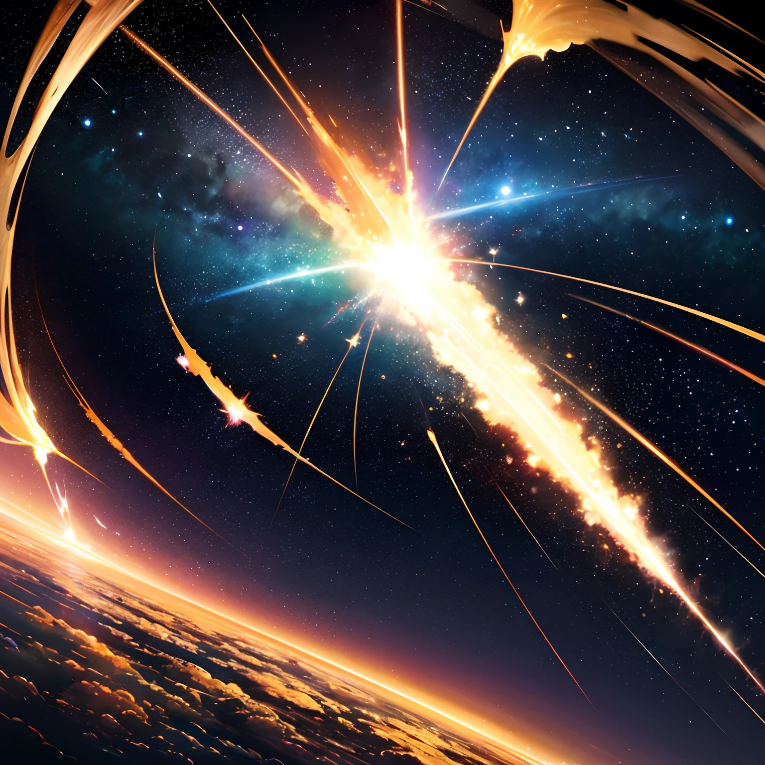 finest image, (8k, RAW photo, realistic), detailed and delicate depiction and flashy and dynamic painting method, Meteor showers seen from space are so beautiful, with a variety of colors. The beautiful earth is below her. A fantastic and mysterious sight.