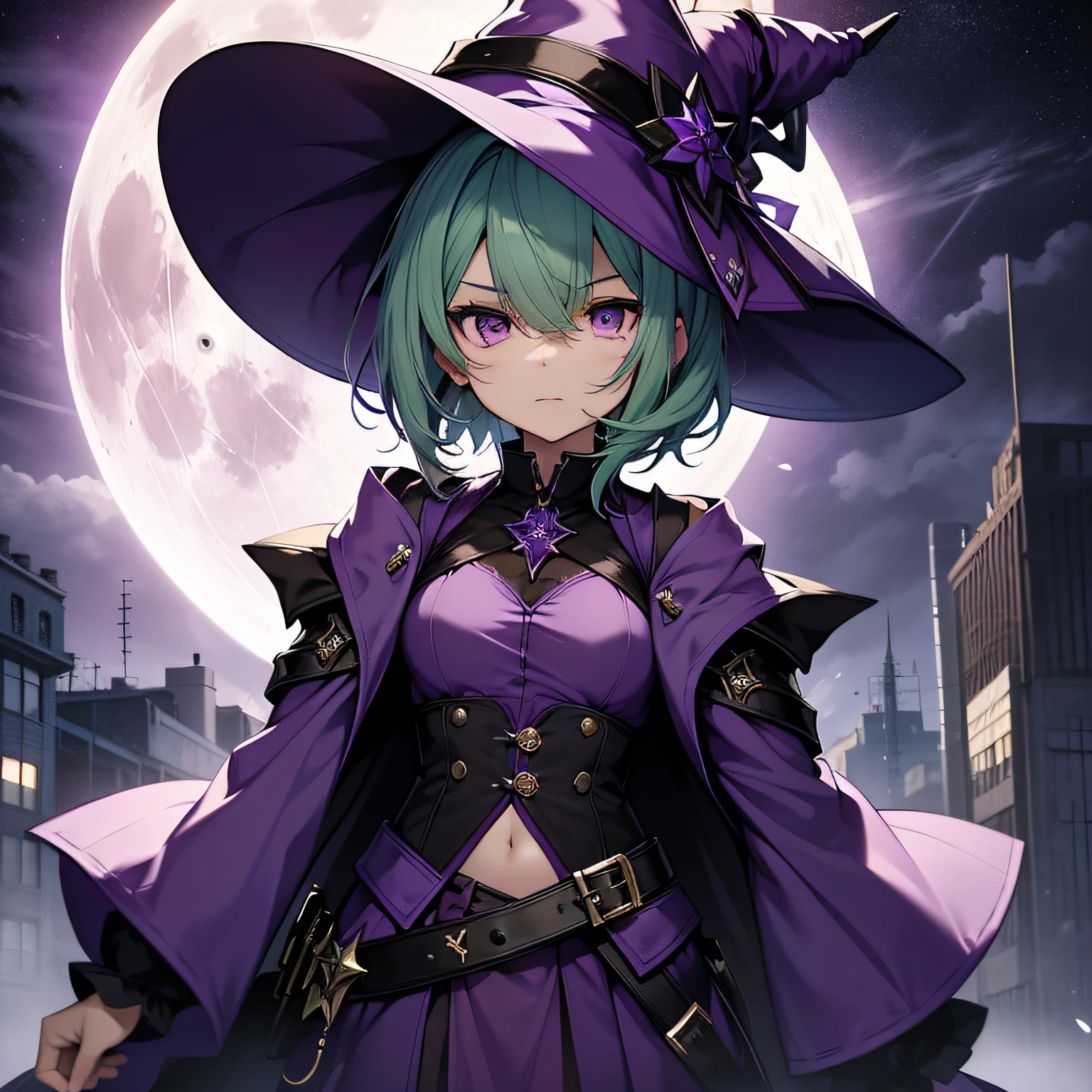 top-quality、extremely delicate and beautiful、(A teenage girl)、Purple Eye、Green hair、short-haired、(purple witch hat)、Purple tie、Tactical Vest、Soio、shortsleeves、Purple skirt、Purple Wizard Robe、Navel、is standing、Facing the front、Expression of hatred、Full moon night on background、Only eyes