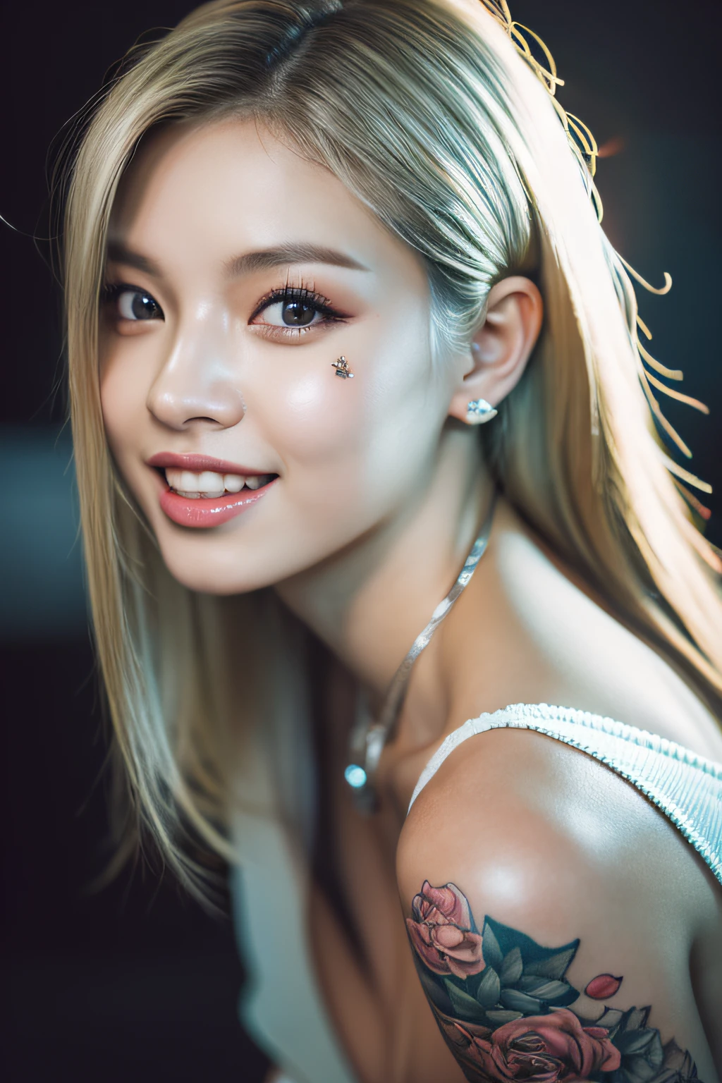 (8k, RAW photos, highest quality, high resolution:1.1), (hyperrealistic:1.4),(realistic, photorealistic:1.3), soft light,girl,realistic face,realistic body,realistic skin,absurdity,masterpiece,(cute:1.8),(big:1.2),sexual expression,blusher,off-shoulder knit,cleavage,film grain,cherry colored lips,wet hair, closeup,looking viewer,long hair,full body,upper teeth, depth of field, blurry background,eye focus,young,85mm lens,f/1.4,professional lighting,portrait,photon mapping,physically based rendering,tattoo,embarrassing,transparency,silver blonde hair,