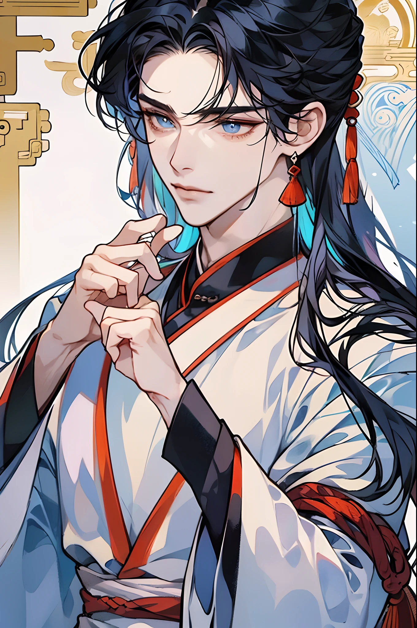(masterpiece), best quality, expressive eyes, perfect face, 1boy, gorgeous, gufeng, xuanduan, chinese scholar, ancient china, hanfu, sharp jawline, handsome, smooth face, best hands, pale skin, modern, tall, slender, neutral colored clothes, zoomed in, focused, HD wallpaper quality, (big eyes), detailed eyes, detail, more detail, pretty, eyelashes