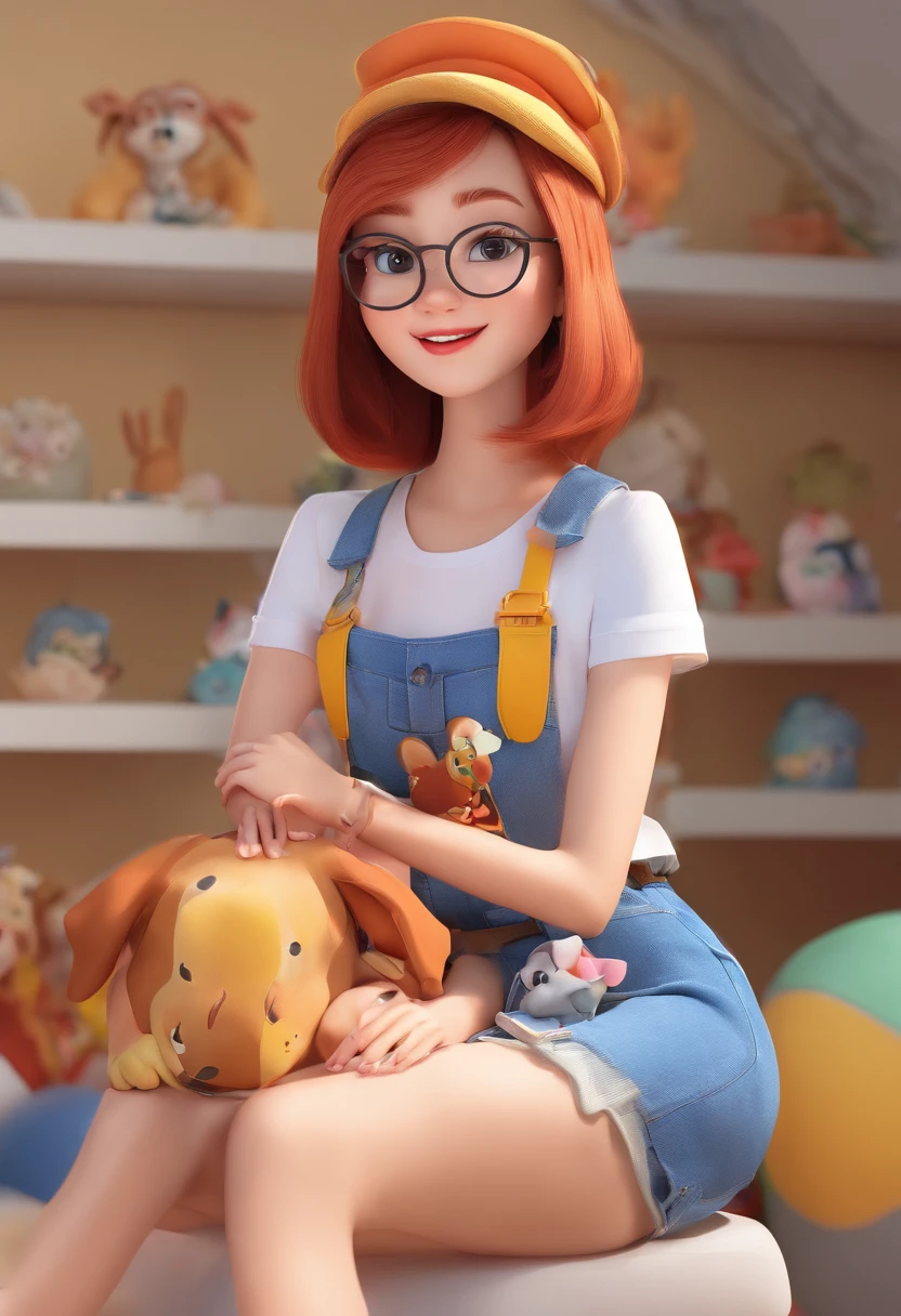 de oculos, estilo pixar , disney, blusa branca , Denim Jeans Pants ,sentada na sala, Dalmatian Dog Hug, raio de sol pela janela , expression joyful, quadros na parede , dalamata femea , apartamento, sala