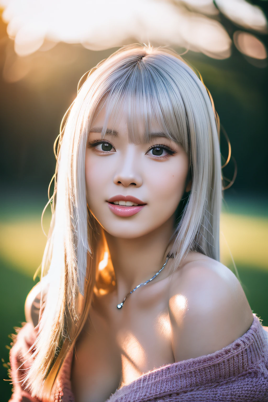 (8k, RAW photos, highest quality, high resolution:1.1), (hyperrealistic:1.4),(realistic, photorealistic:1.3), soft light,girl,realistic face,realistic body,realistic skin,absurdity,masterpiece,(cute:1.8),(big:1.2),sexual expression,blusher,off-shoulder knit,cleavage,film grain,cherry colored lips,wet hair, closeup,looking viewer,long hair,full body,upper teeth, depth of field, blurry background,eye focus,young,85mm lens,f/1.4,professional lighting,portrait,photon mapping,physically based rendering,tattoo,embarrassing,transparency,silver blonde hair,