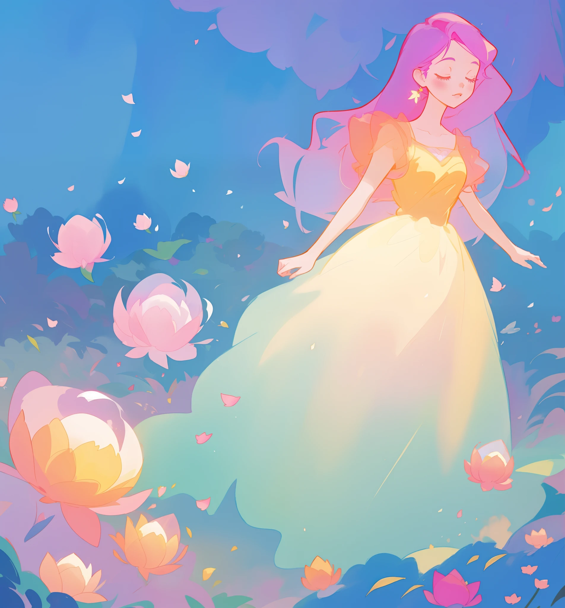 beautiful girl in puffy gradient ballgown, a field with round puffball pink flowers, otherworldly flowers, whimsical landscape, long pink flowing hair, watercolor illustration, inspired by Glen Keane, inspired by Lois van Baarle, disney art style, by Lois van Baarle, by Glen Keane, jen bartel, digital painting, beautiful digital illustration, fantasia otherworldly landscape plants flowers, beautiful, masterpiece, best quality, anime disney style