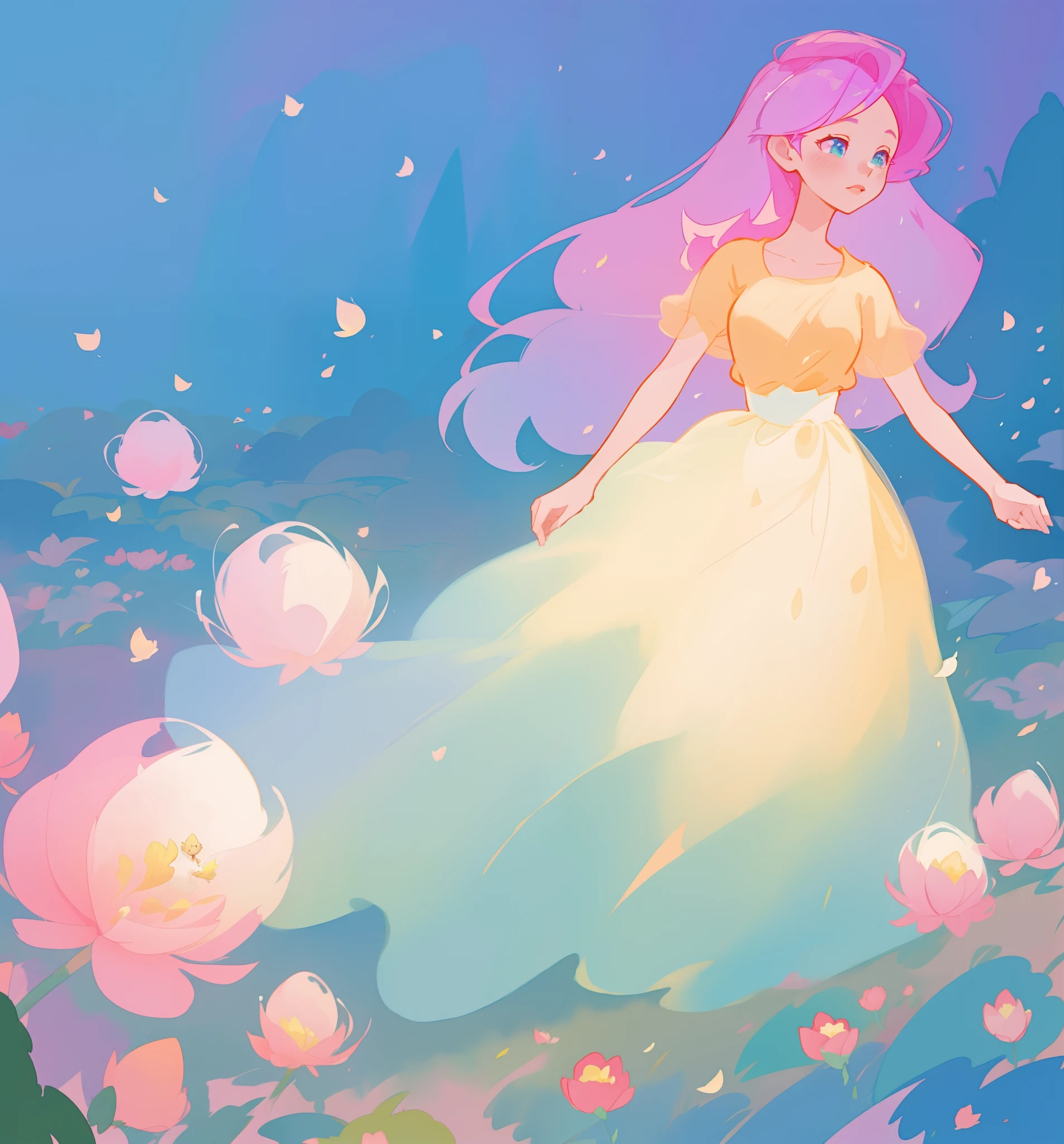 beautiful girl in puffy gradient ballgown, a field with round puffball pink flowers, otherworldly flowers, whimsical landscape, long pink flowing hair, watercolor illustration, inspired by Glen Keane, inspired by Lois van Baarle, disney art style, by Lois van Baarle, by Glen Keane, jen bartel, digital painting, beautiful digital illustration, fantasia otherworldly landscape plants flowers, beautiful, masterpiece, best quality, anime disney style