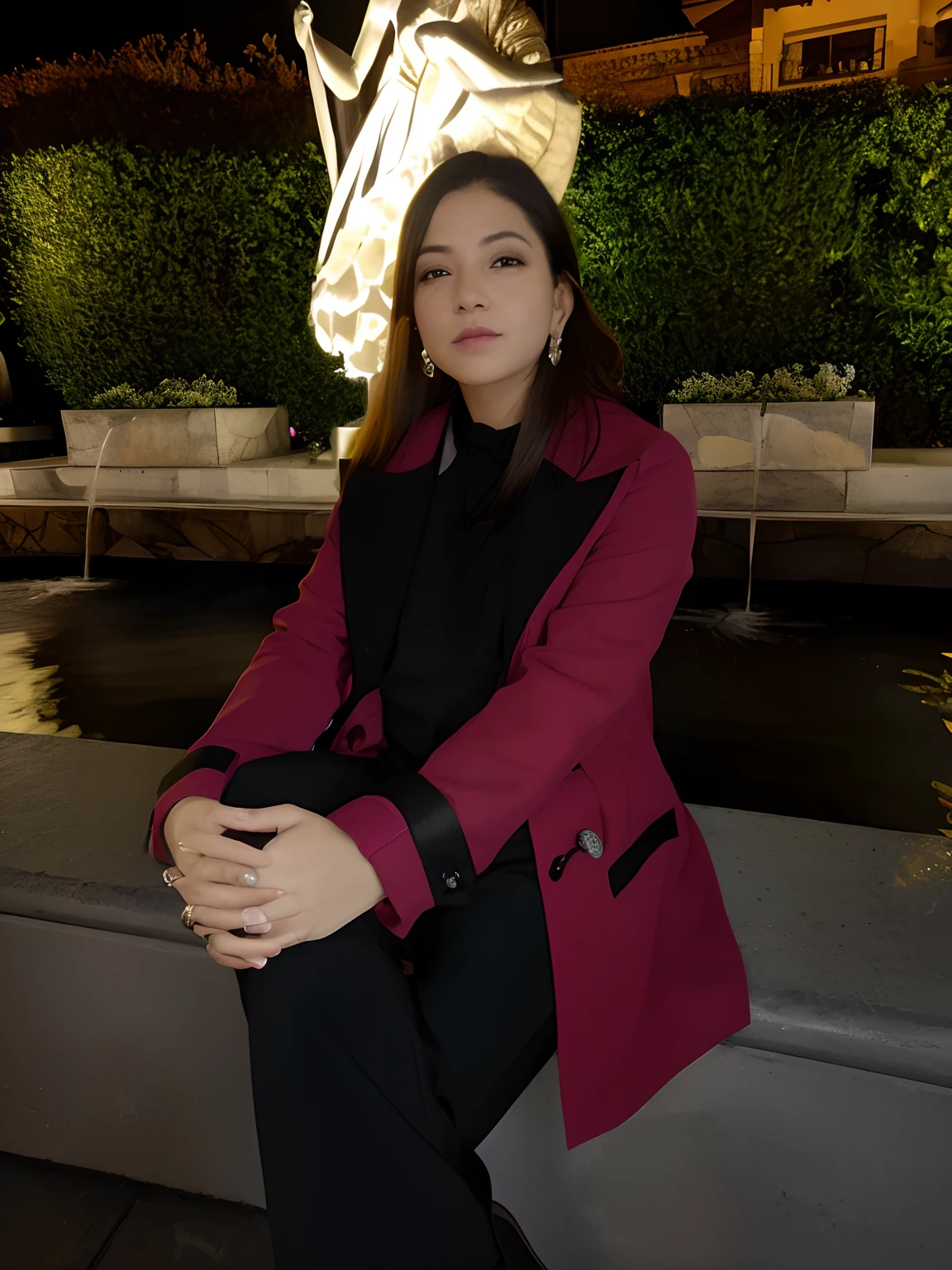 Woman sitting on a ledge in front of a fountain at night, vestindo um terno preto e vermelho, by Gina Pellón, taken in the early 2020s, tomada em 2 0 2 0, photo taken at night, Fotografia tirada em 2 0 2 0, inspired by Marina Abramović, inspired by Verónica Ruiz de Velasco