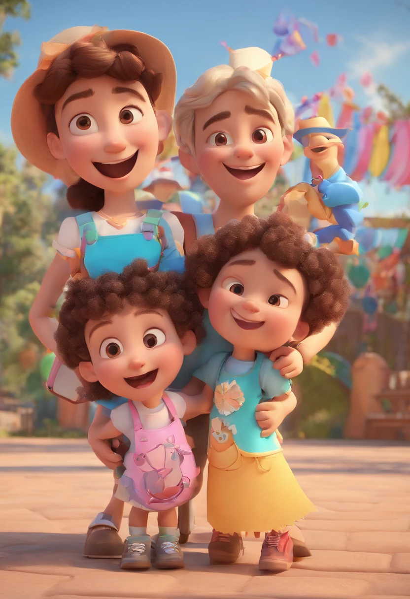 Estilo Pixar: Familia, Um pai, A mother and two girls. Uma menino de 6 anos e outro de 2 anos . Uma fazenda com vacas lindas e marrom .