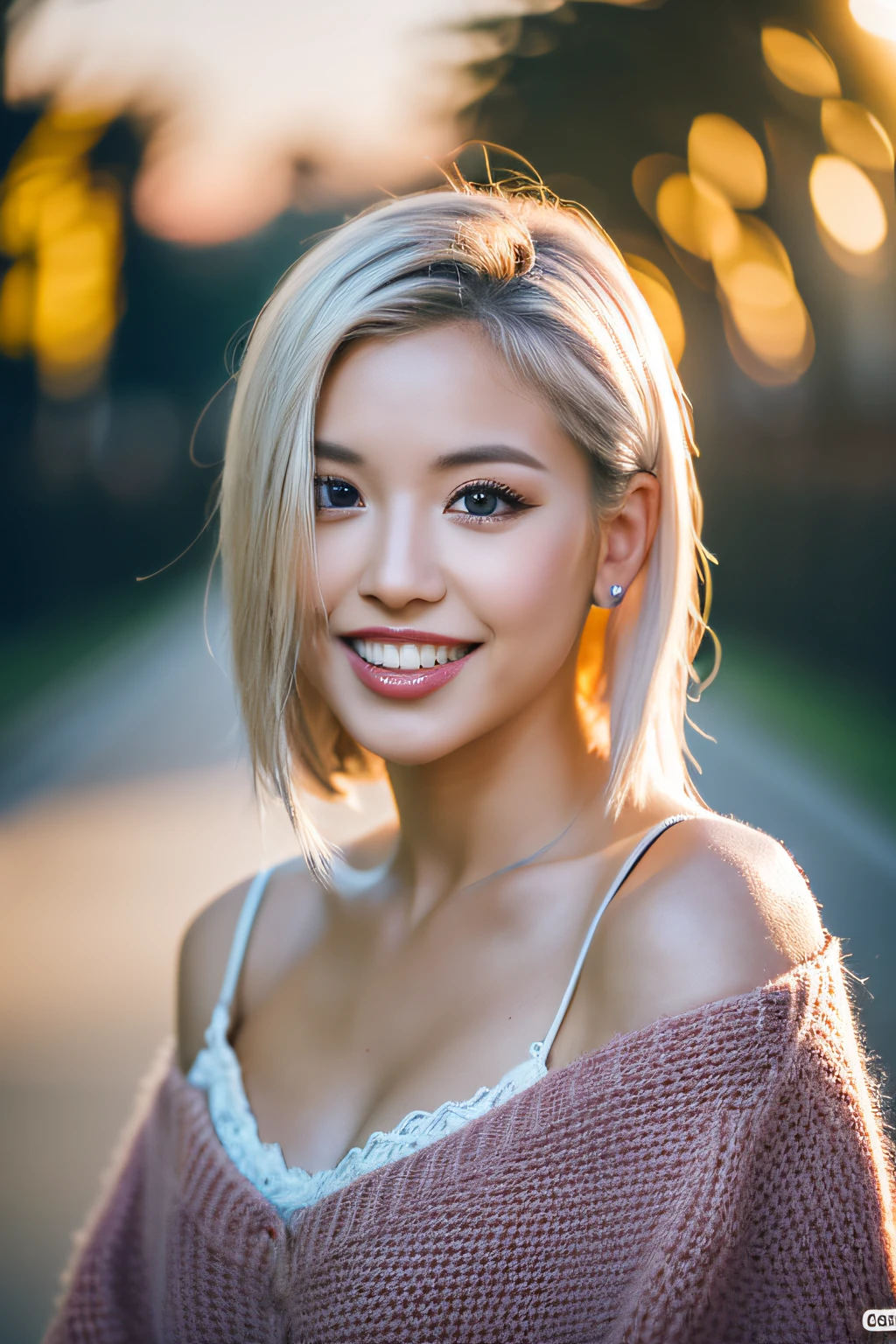 (8k, RAW photos, highest quality, high resolution:1.1), (hyperrealistic:1.4),(realistic, photorealistic:1.3), soft light,girl,realistic face,realistic body,realistic skin,absurdity,masterpiece,(cute:1.8),(big:1.2),sexual expression,blusher,off-shoulder knit,cleavage,film grain,cherry colored lips,wet hair, closeup,looking viewer,long hair,full body,upper teeth, depth of field, blurry background,eye focus,young,85mm lens,f/1.4,professional lighting,portrait,photon mapping,physically based rendering,tattoo,embarrassing,transparency,silver blonde hair,