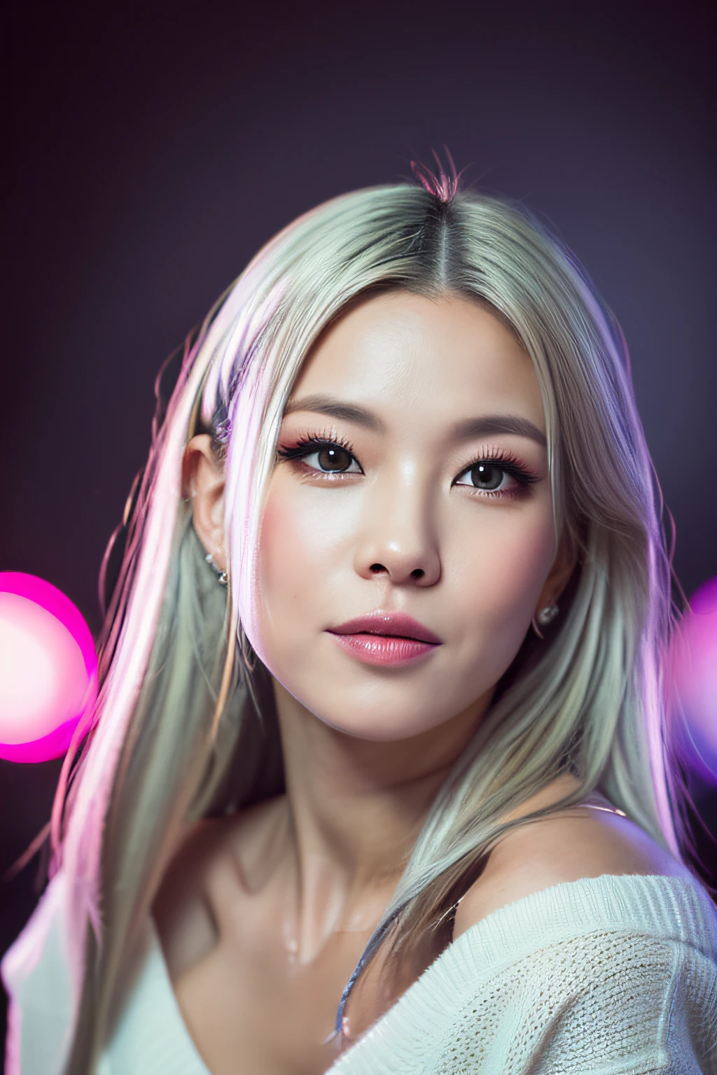 (8k, RAW photos, highest quality, high resolution:1.1), (hyperrealistic:1.4),(realistic, photorealistic:1.3), soft light,girl,realistic face,realistic body,realistic skin,absurdity,masterpiece,(cute:1.8),(big:1.2),sexual expression,blusher,off-shoulder knit,cleavage,film grain,cherry colored lips,wet hair, closeup,looking viewer,long hair,full body,upper teeth, depth of field, blurry background,eye focus,young,85mm lens,f/1.4,professional lighting,portrait,photon mapping,physically based rendering,tattoo,embarrassing,transparency,silver blonde hair,