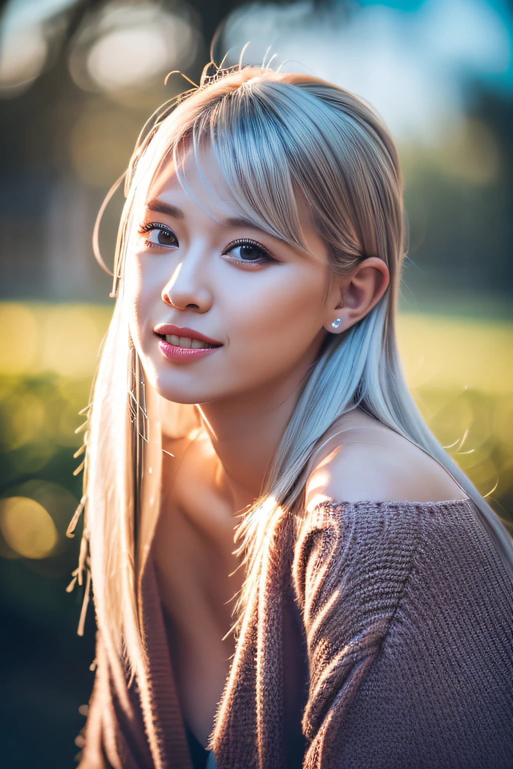 (8k, RAW photos, highest quality, high resolution:1.1), (hyperrealistic:1.4),(realistic, photorealistic:1.3), soft light,girl,realistic face,realistic body,realistic skin,absurdity,masterpiece,(cute:1.8),(big:1.2),sexual expression,blusher,off-shoulder knit,cleavage,film grain,cherry colored lips,wet hair, closeup,looking viewer,long hair,full body,upper teeth, depth of field, blurry background,eye focus,young,85mm lens,f/1.4,professional lighting,portrait,photon mapping,physically based rendering,tattoo,embarrassing,transparency,silver blonde hair,