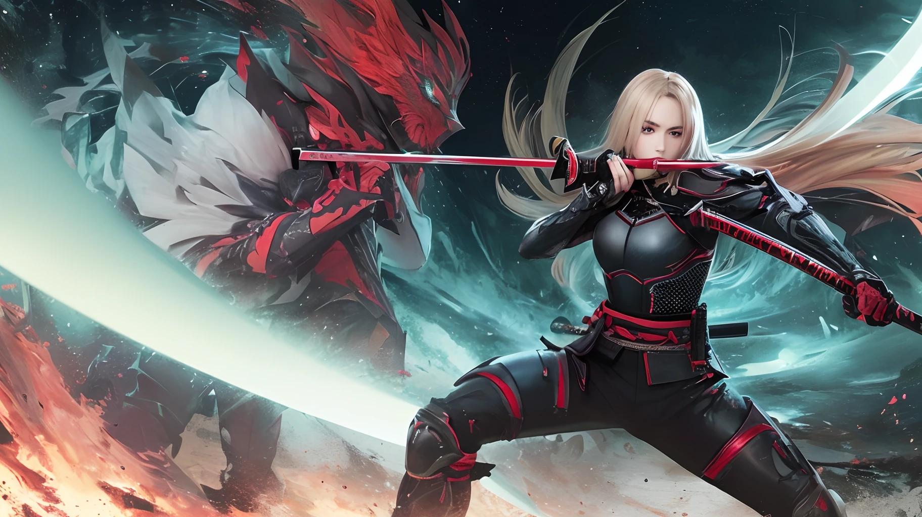 Femme blonde ,yeux rouge , katana en main , en tenue de guerrière , tout le corps , en pleine nuit , image réaliste