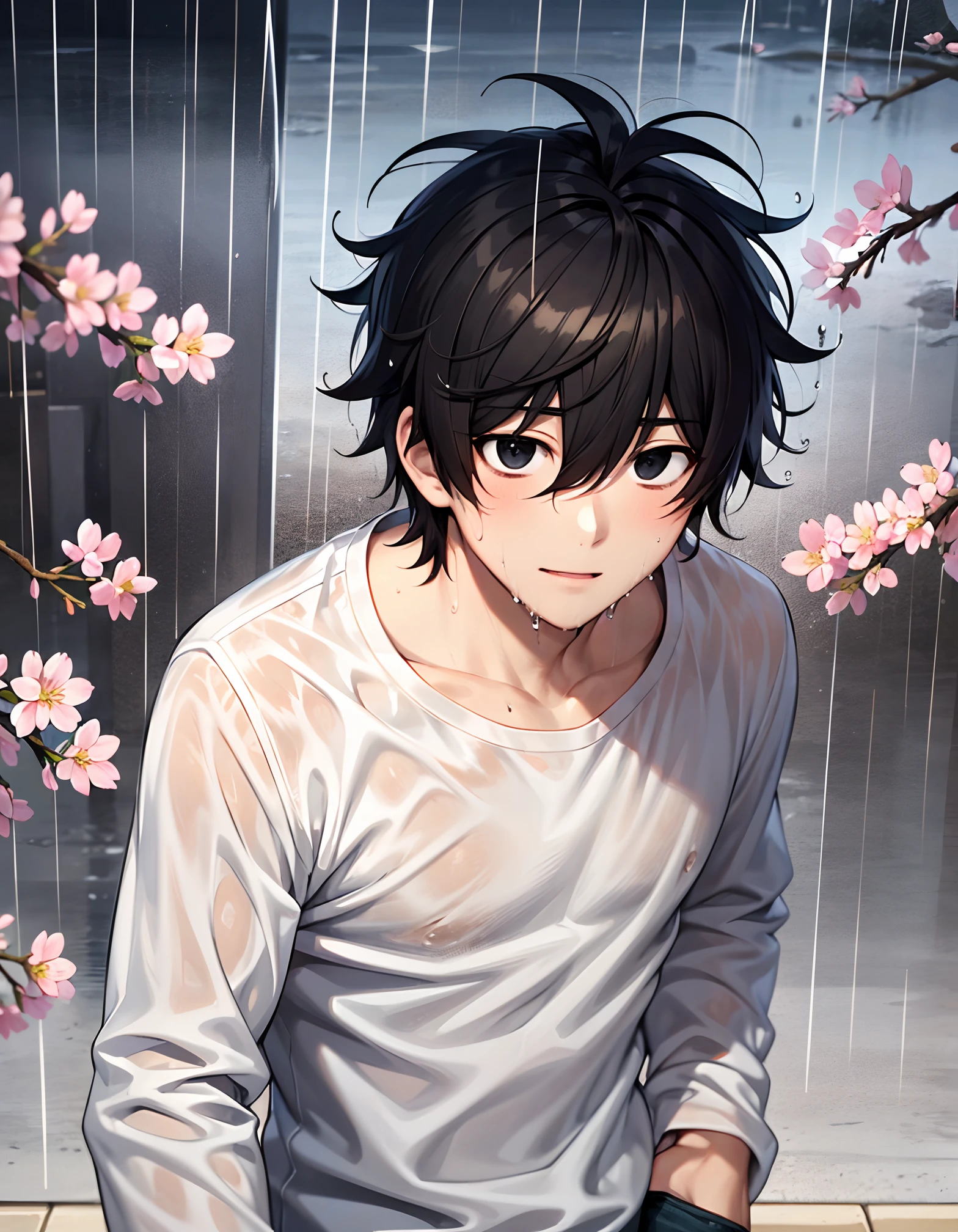 (masterpiece,best quality, detailed), solo, male focus, l lawliet, white shirt, jeans, long sleeves, closed mouth, cherry blossom, rain, wet shirt, wet hair, wide-eyed, upper body, standing, sexy, cloudy sky, hair down, happy