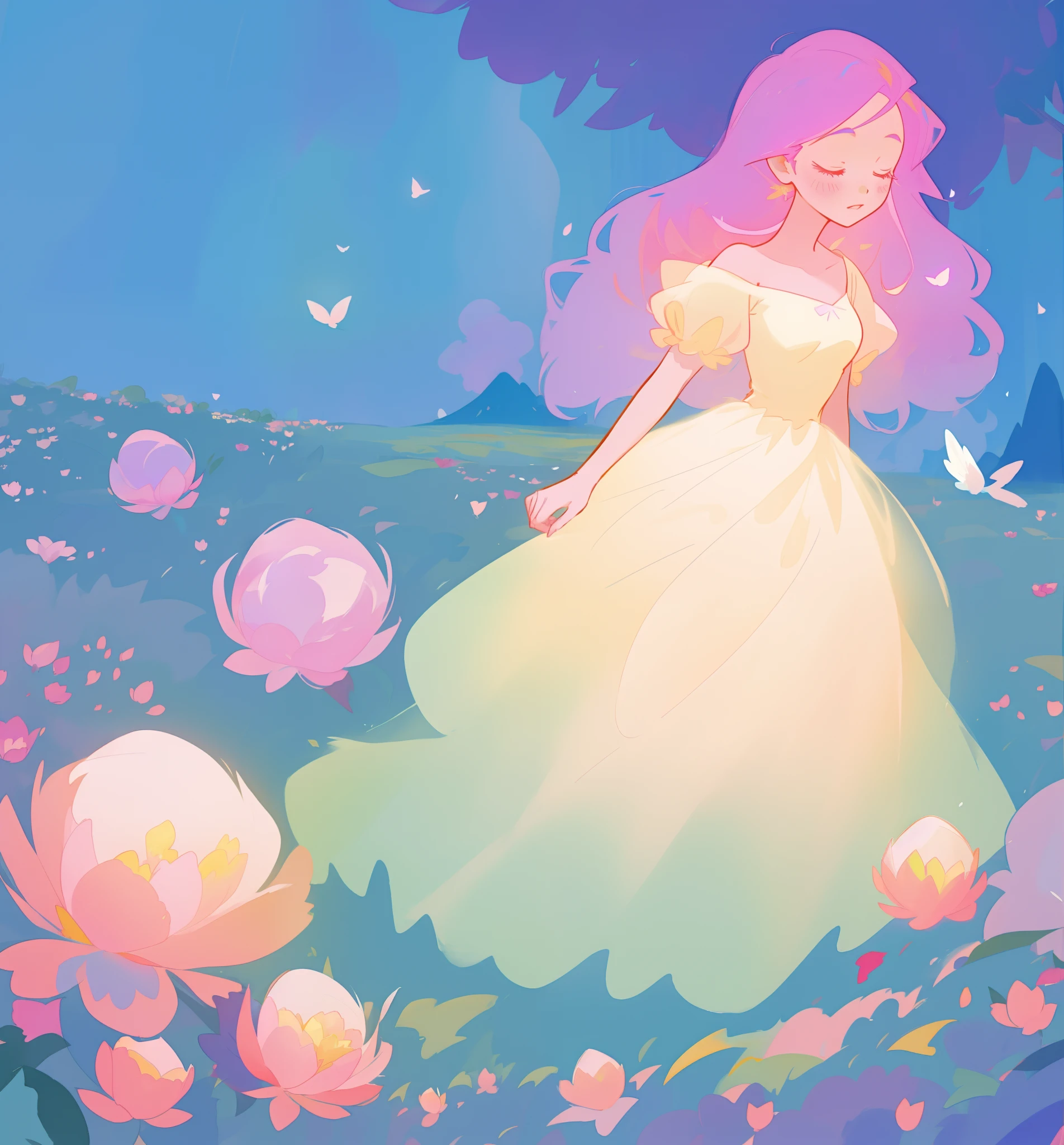 beautiful girl in puffy gradient ballgown, a field with round puffball pink flowers, otherworldly flowers, whimsical landscape, long pink flowing hair, watercolor illustration, inspired by Glen Keane, inspired by Lois van Baarle, disney art style, by Lois van Baarle, by Glen Keane, jen bartel, digital painting, beautiful digital illustration, fantasia otherworldly landscape plants flowers, beautiful, masterpiece, best quality, anime disney style