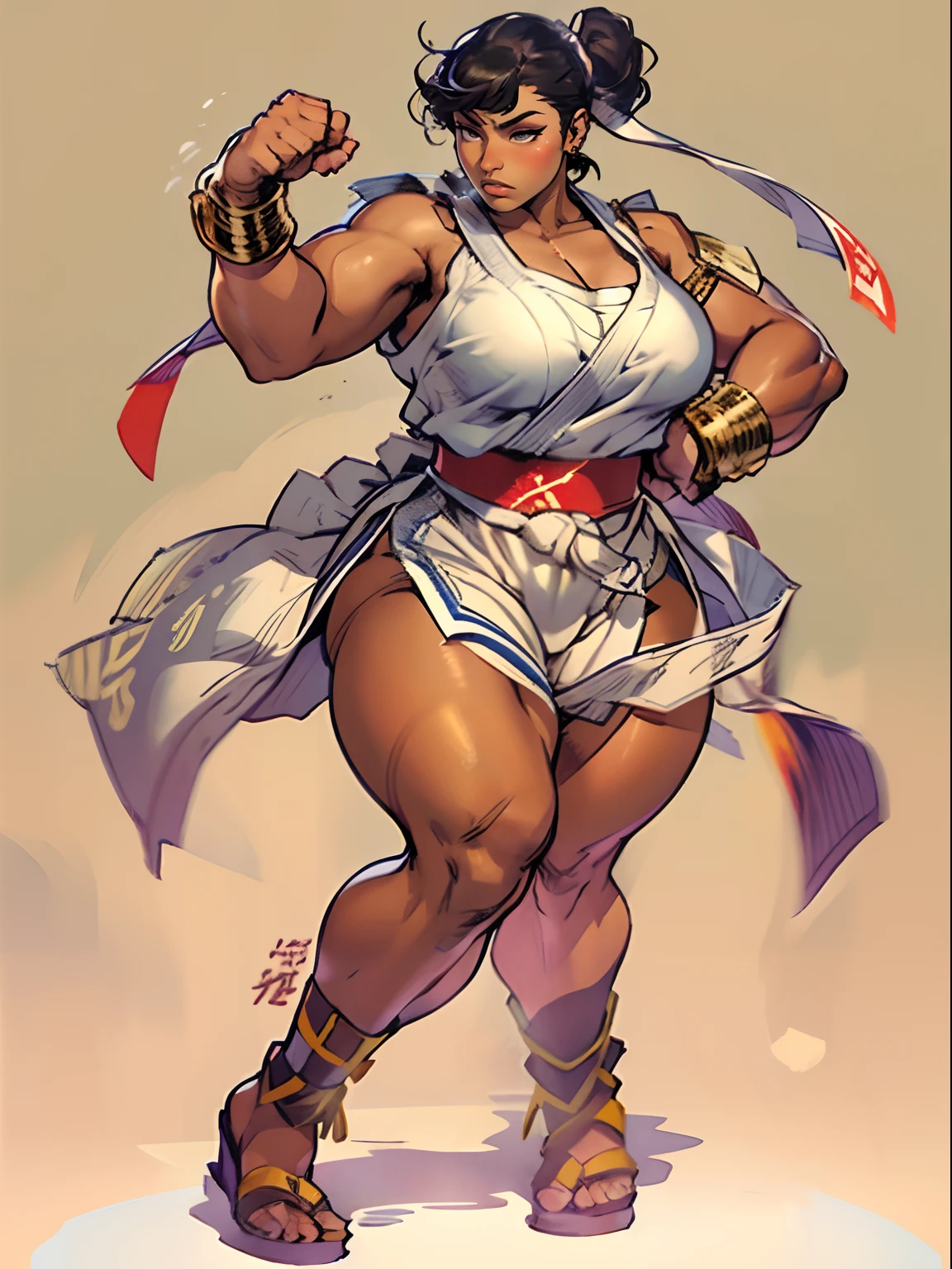 jim lee

street fighter, 1girl, brown skin, perky breasts, (thick thighs), (chubby), full martial arts gi, boots, arm bands, makeup, earrings, solid background, full body,

((masterpiece))