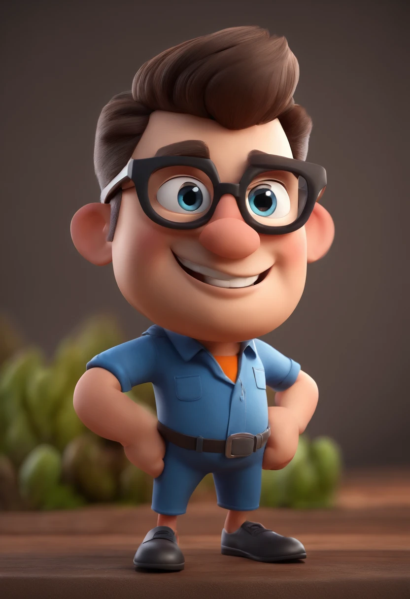 Cartoon character of a man wearing black glasses and a blue shirt, um personagem animado, Caractere estilizado, animation style rendering, 3D estilizado, Arnold Maya render, 3 d render stylized, toon render keyshot, Personagem 3D, Personagem 3D, 3d rendering stylized, 3 d character render, personagem de desenho animado, Personagem de close up, Pose de personagem, (Estilo Pixar) (master part:1.2) (Bokeh) (best quality) (pele detalhada) (textura detalhada) (8k) (argila) (Cinematic lighting) (foco nítido，Senta e vaza a parte superior do corpo