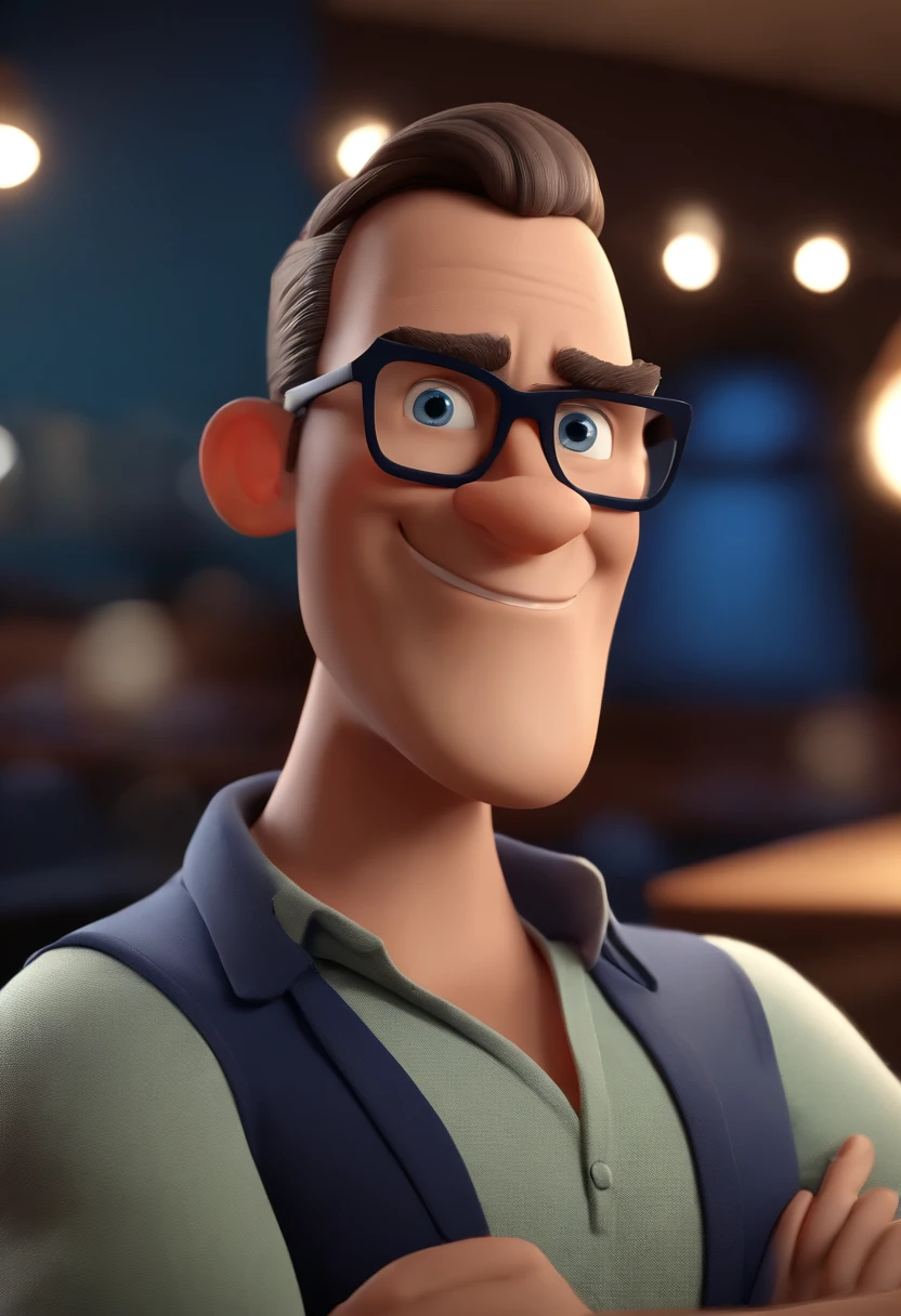 Cartoon character of a man wearing black glasses and a blue shirt, um personagem animado, Caractere estilizado, animation style rendering, 3D estilizado, Arnold Maya render, 3 d render stylized, toon render keyshot, Personagem 3D, Personagem 3D, 3d rendering stylized, 3 d character render, personagem de desenho animado, Personagem de close up, Pose de personagem, (Estilo Pixar) (master part:1.2) (Bokeh) (best quality) (pele detalhada) (textura detalhada) (8k) (argila) (Cinematic lighting) (foco nítido，Senta e vaza a parte superior do corpo