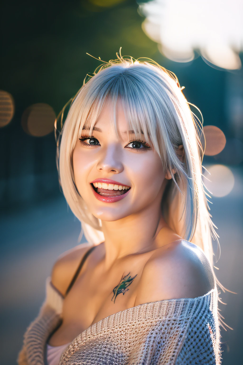(8k, RAW photos, highest quality, high resolution:1.1), (hyperrealistic:1.4),(realistic, photorealistic:1.3), soft light,girl,realistic face,realistic body,realistic skin,absurdity,masterpiece,(cute:1.8),(big:1.2),sexual expression,blusher,off-shoulder knit,cleavage,film grain,cherry colored lips,wet hair, closeup,looking viewer,long hair,full body,upper teeth, depth of field, blurry background,eye focus,young,85mm lens,f/1.4,professional lighting,portrait,photon mapping,physically based rendering,tattoo,embarrassing,transparency,silver blonde hair,