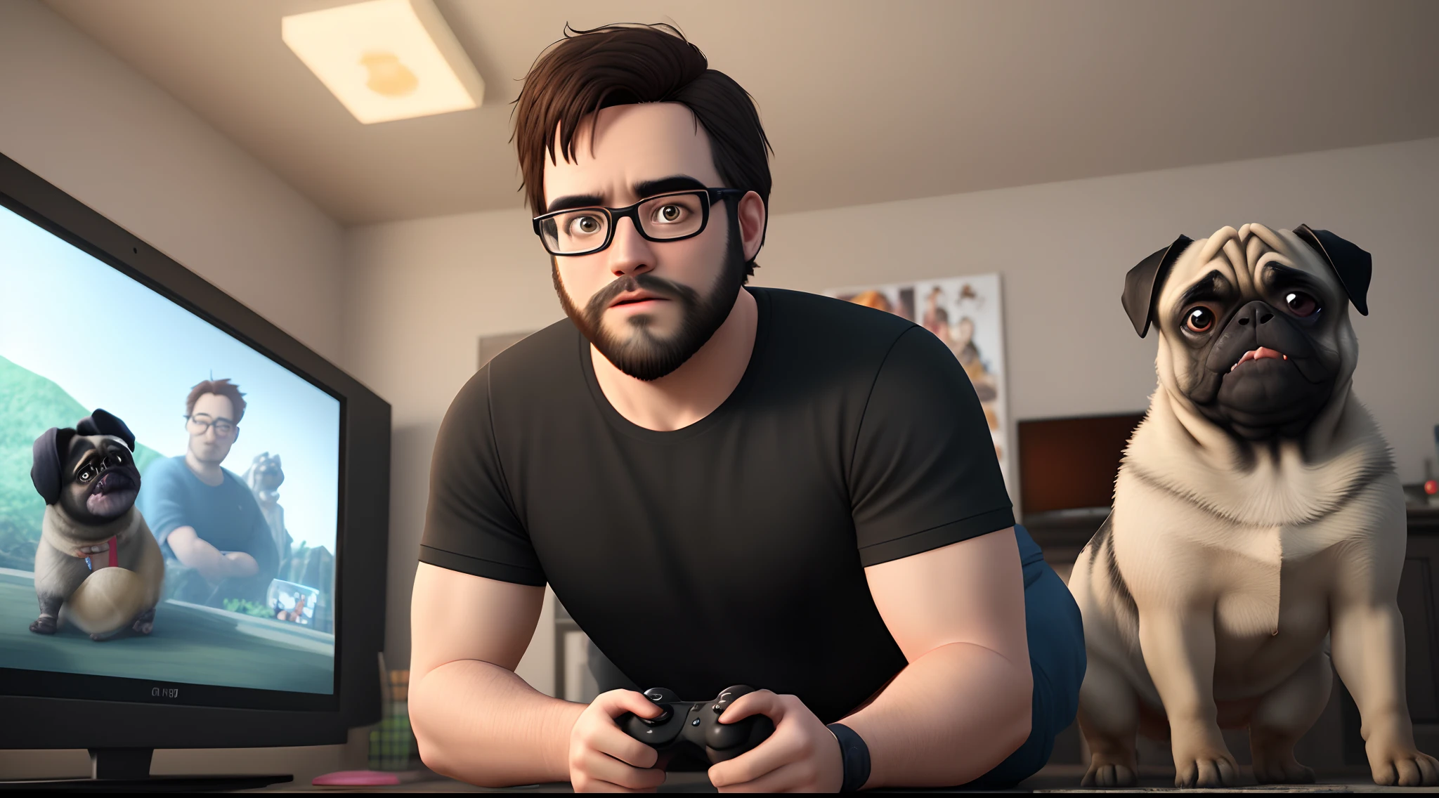 Disney-inspired 3D poster/pixar um homem negro de 27 anos cabelo curto cacheado preto, Short beard wearing glasses black round playing xbox with Pug pug dog on the side