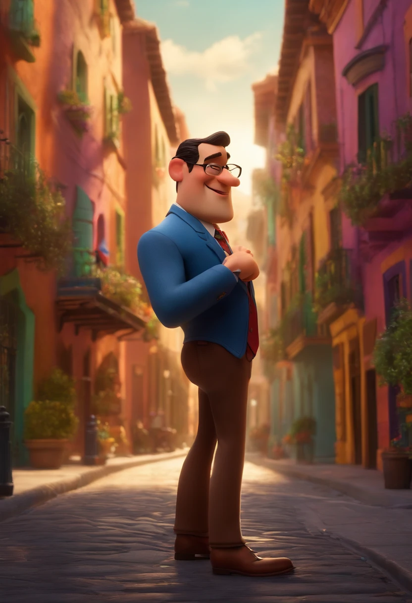 A city councilman looking at a dream project inspired by Pixar animation, de perto. The character takes center stage with captivating facial expressions, oferecendo um toque de irrealidade