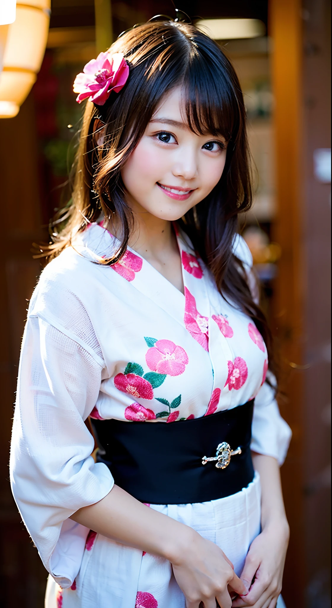 (8K, Raw photo:1.2), Detailed face and eyes,Best Quality, 超A high resolution, Highly detailed ,intricate detailes ,masutepiece ,(Cute little girl with a young face , with round face、Very cute smile:1.6)、Soft cinematic light, Hyper-detailing,Sharp Focus, High quality,  (A dark-haired:1.4),bob cuts (full body Esbian、Thighs are visible、I can see my chest a little、Cute pink floral yukata、Yukata that emphasizes the fullness of the bust、A yukata with a very short length、 Nice figure、big breasts thin waist:1.4)