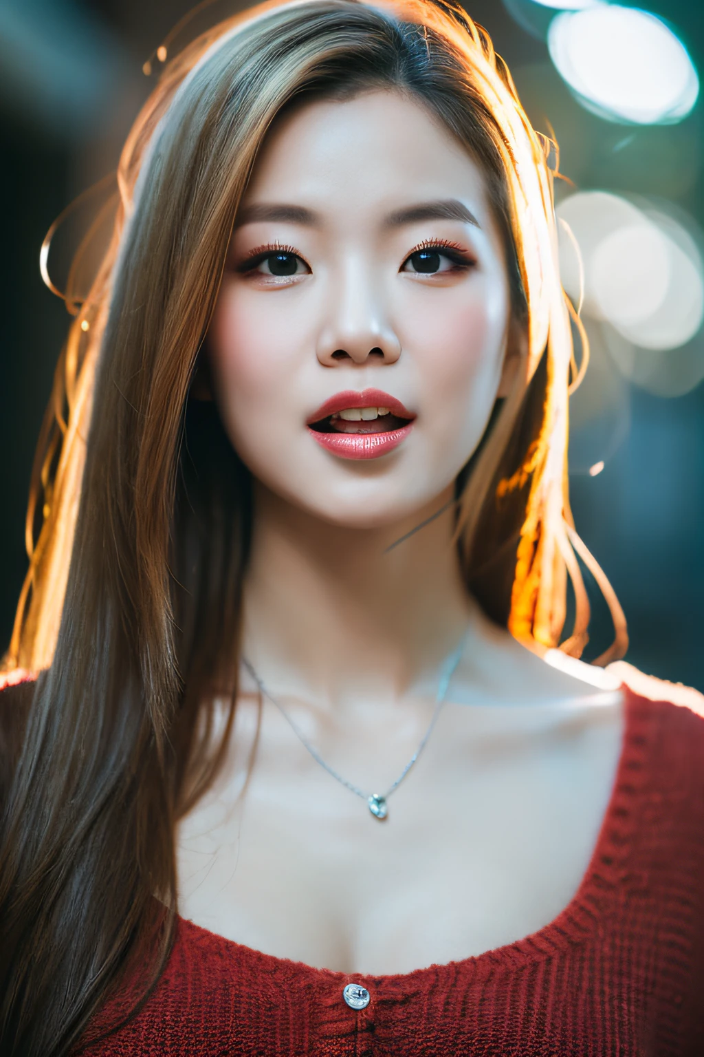 (8k, RAW photos, highest quality, high resolution:1.1), (hyperrealistic:1.4),(realistic, photorealistic:1.3), soft light,girl,realistic face,realistic body,realistic skin,absurdity,masterpiece,(cute:1.8),(big:1.2),sexual expression,blusher,off-shoulder knit,cleavage,film grain,cherry colored lips,wet hair, closeup,looking viewer,long hair,full body,upper teeth, depth of field, blurry background,eye focus,young,85mm lens,f/1.4,professional lighting,portrait,photon mapping,physically based rendering,tattoo,embarrassing,transparency,silver blonde hair,