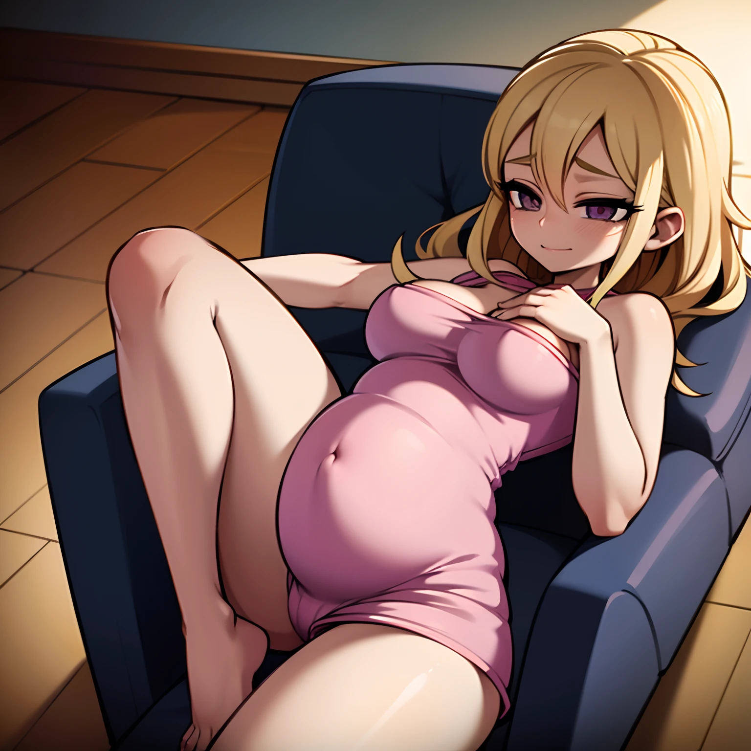 pregnant sitter,big-breasted;pink lace bra under skimpy clothing,curvy body;teenl,curious and innocent expression,sitting on a modern couch;touching pregnant belly with a gentle smile;cozy living room with soft natural light;high-quality 4K resolution;ultra-realistic details;vivid colors;warm and inviting atmosphere