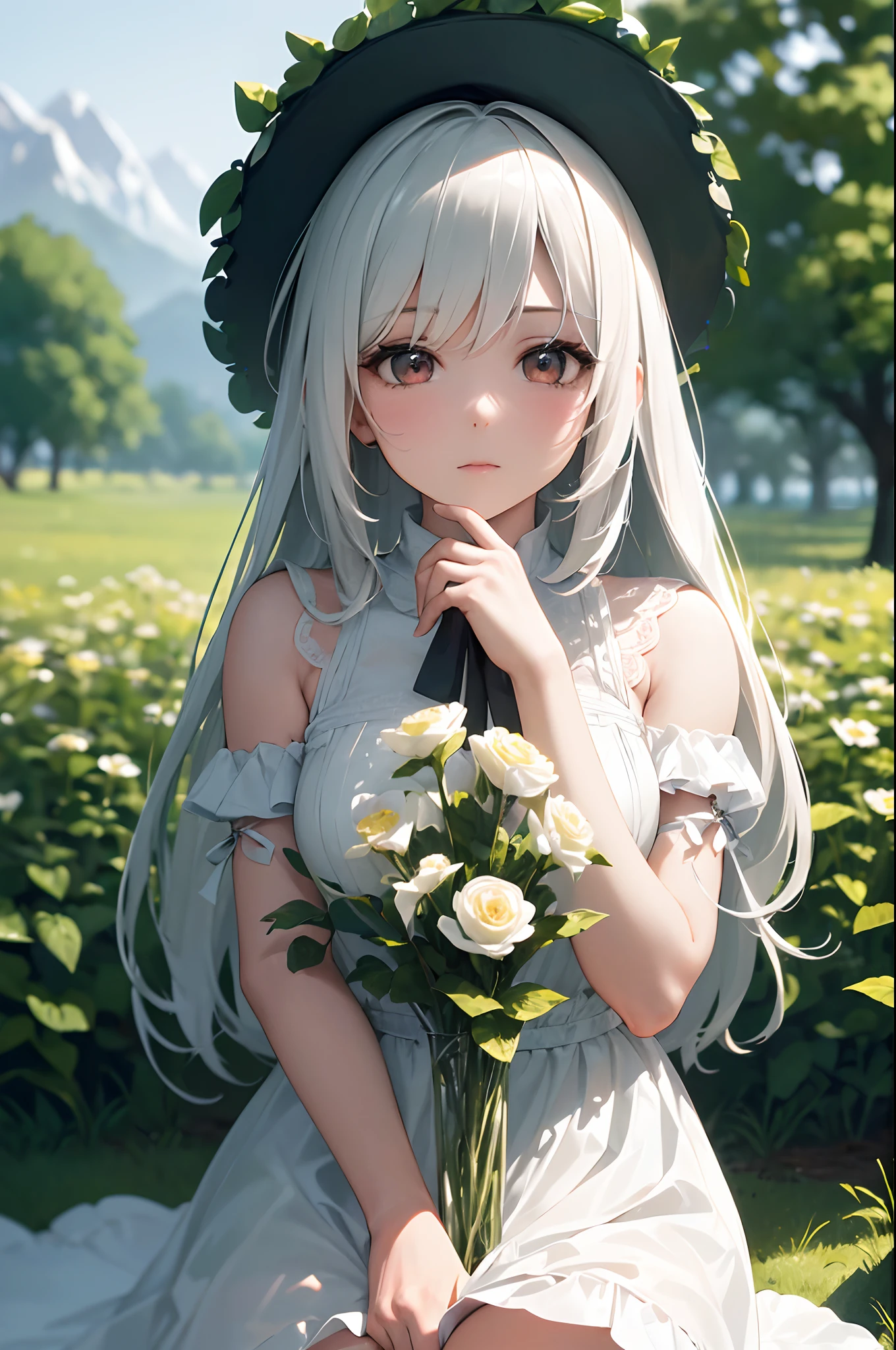 ((ultra detailed,ultra high res,detailed background)),1girl with long white hair sitting in a field of green plants and flowers, her hand under her chin, warm lighting, white dress, blurry foreground